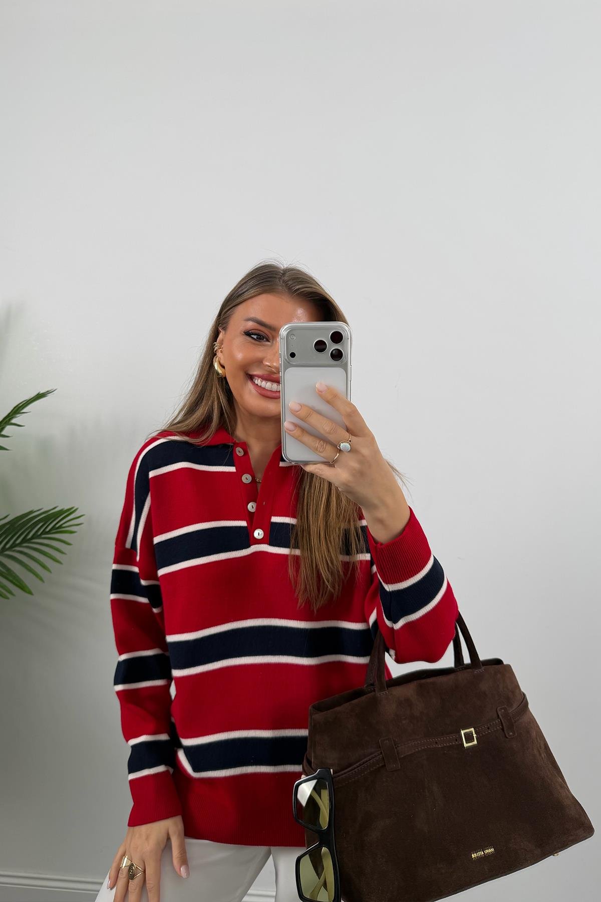 Lüx Kalite Özel Dokulu Polo Yaka Kırmızı Lacivert Çizgili Kazak