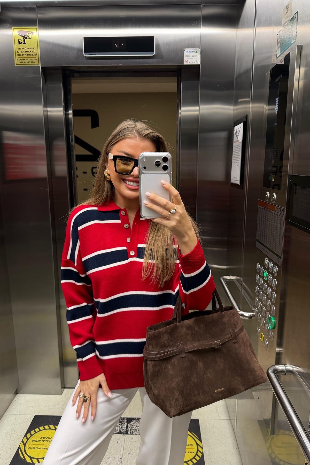 Lüx Kalite Özel Dokulu Polo Yaka Kırmızı Lacivert Çizgili Kazak