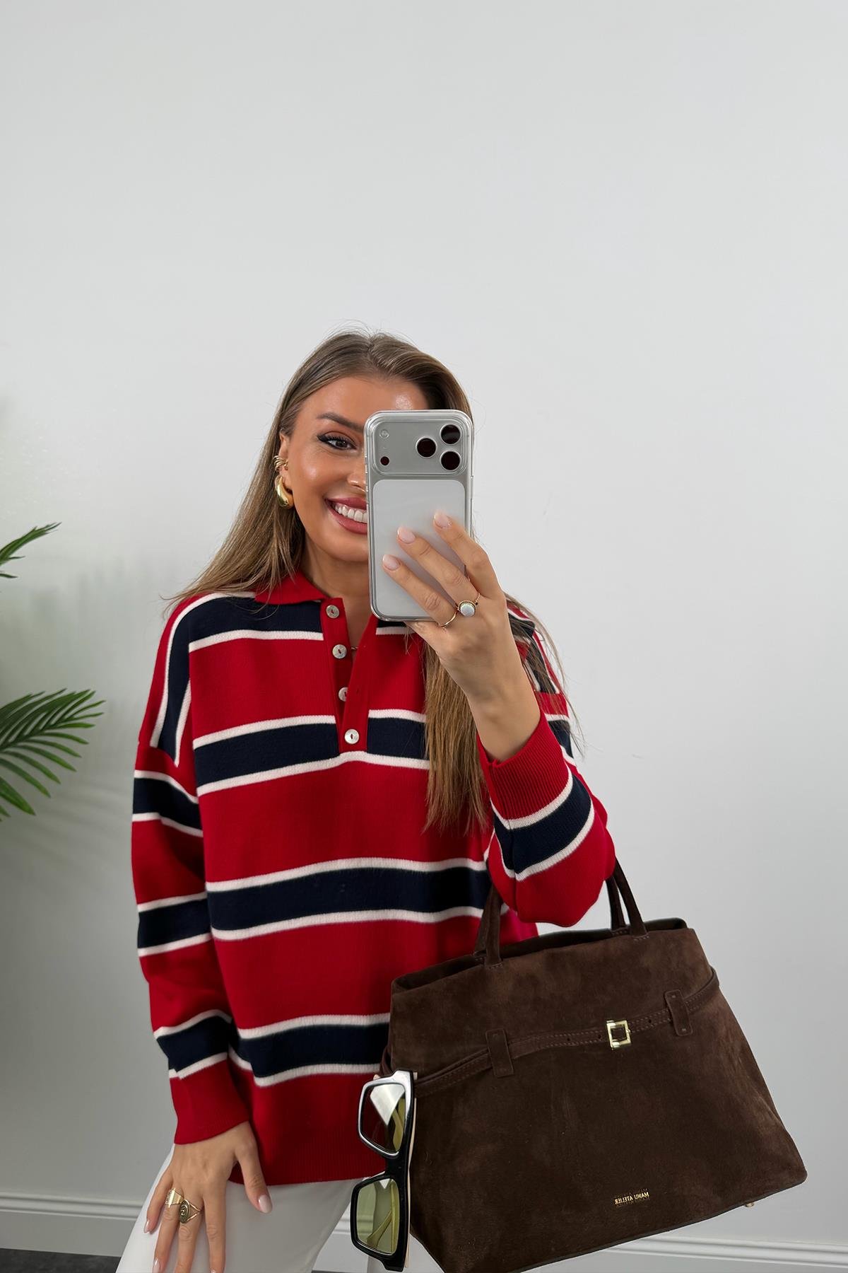 Lüx Kalite Özel Dokulu Polo Yaka Kırmızı Lacivert Çizgili Kazak