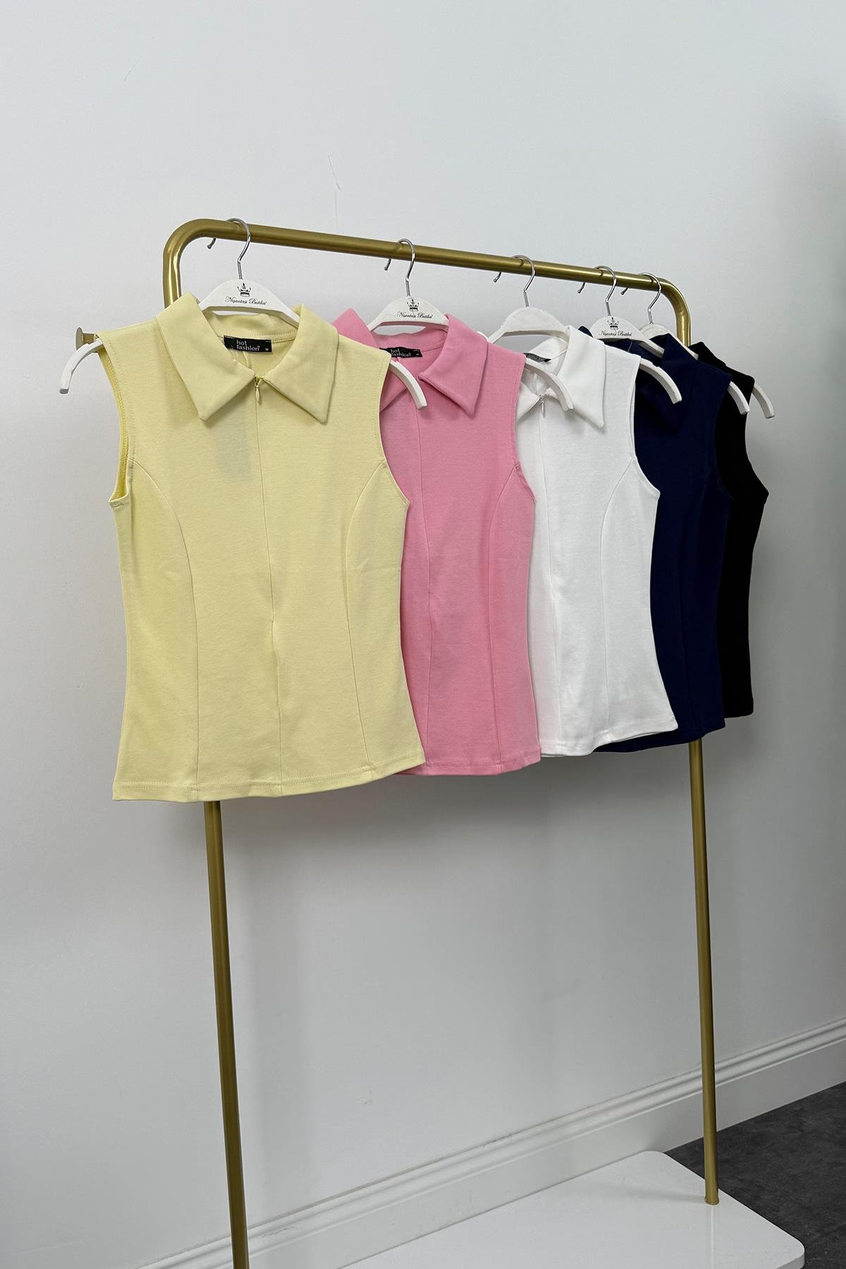 Lüx Kalite Sıfır Kol Polo Yaka Tam Pamuklu Basic Pembe