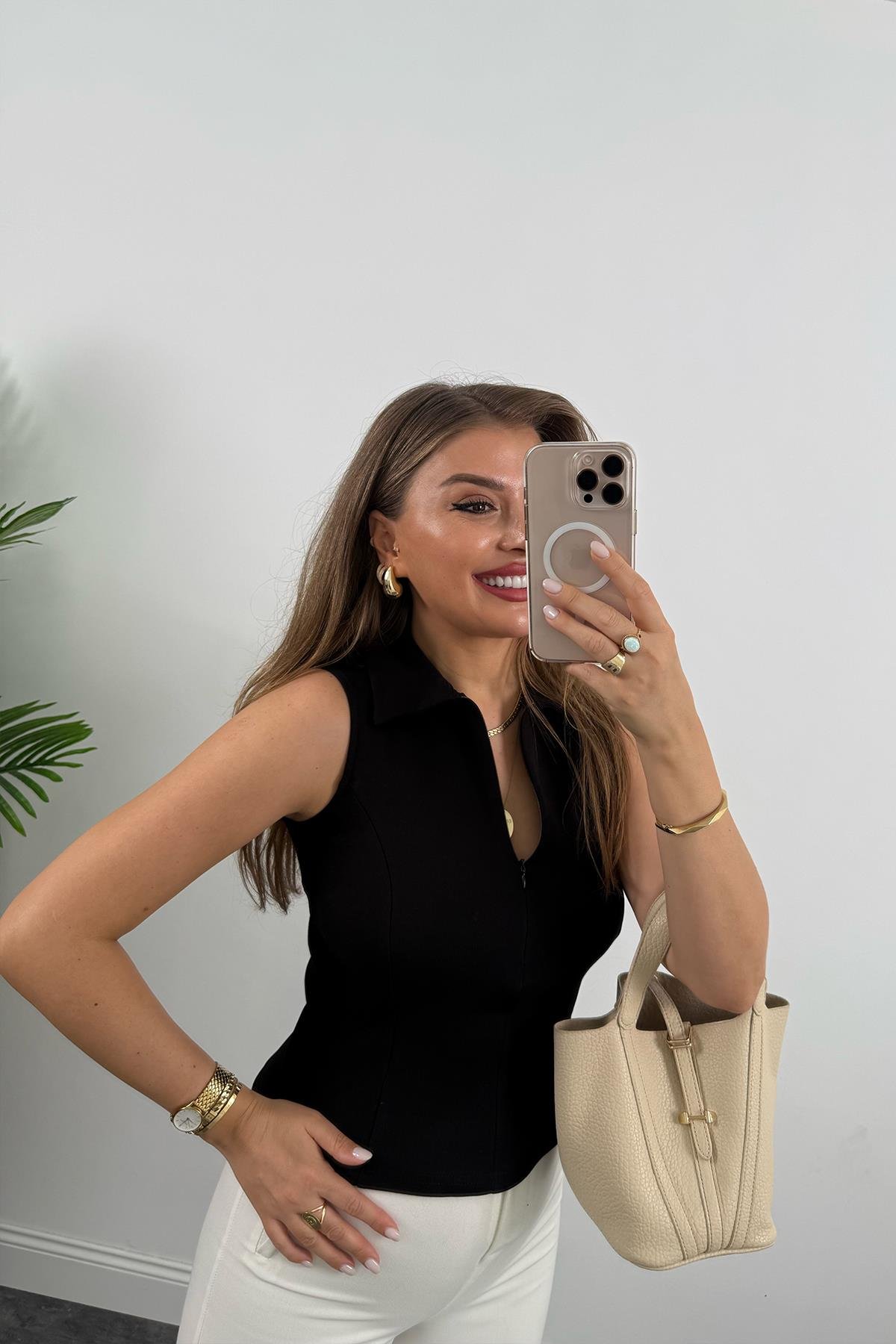 Lüx Kalite Sıfır Kol Polo Yaka Tam Pamuklu Basic Siyah