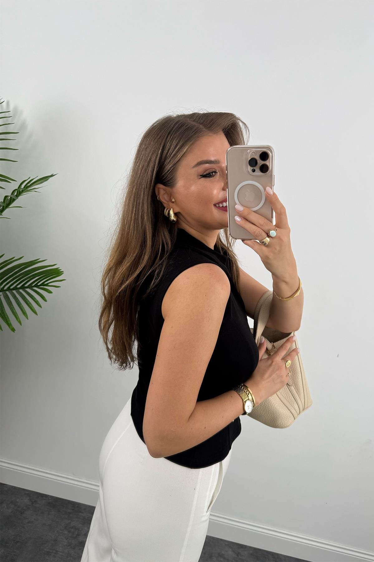 Lüx Kalite Sıfır Kol Polo Yaka Tam Pamuklu Basic Siyah