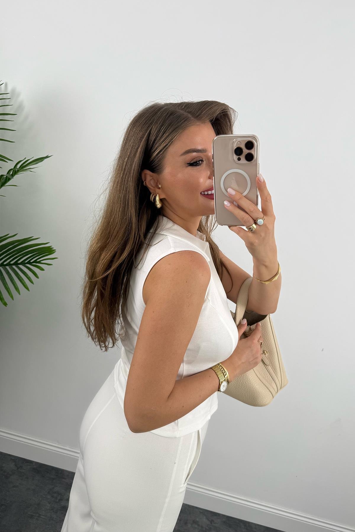 Lüx Kalite Sıfır Kol Polo Yaka Tam Pamuklu Basic Ekru