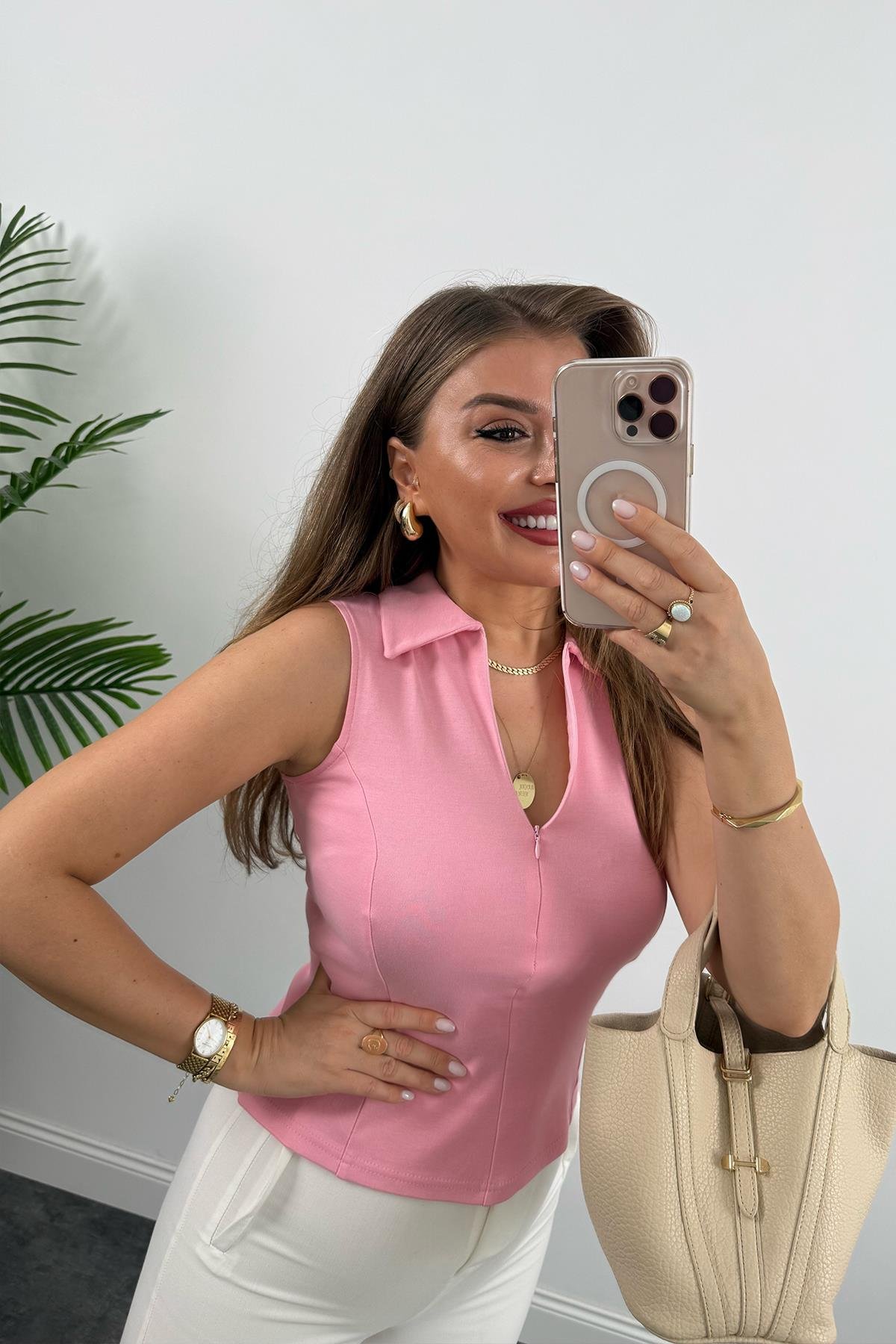 Lüx Kalite Sıfır Kol Polo Yaka Tam Pamuklu Basic Pembe