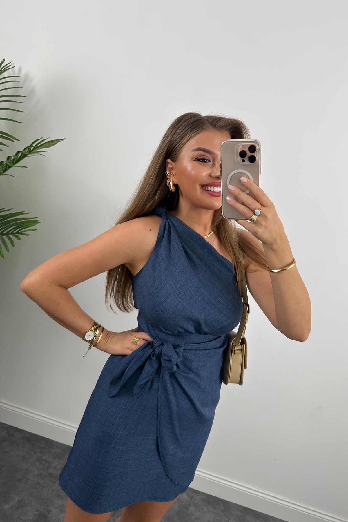 Lüx Kalite Tek Omuz Helen Model Anvelop Keten Elbise Lacivert 