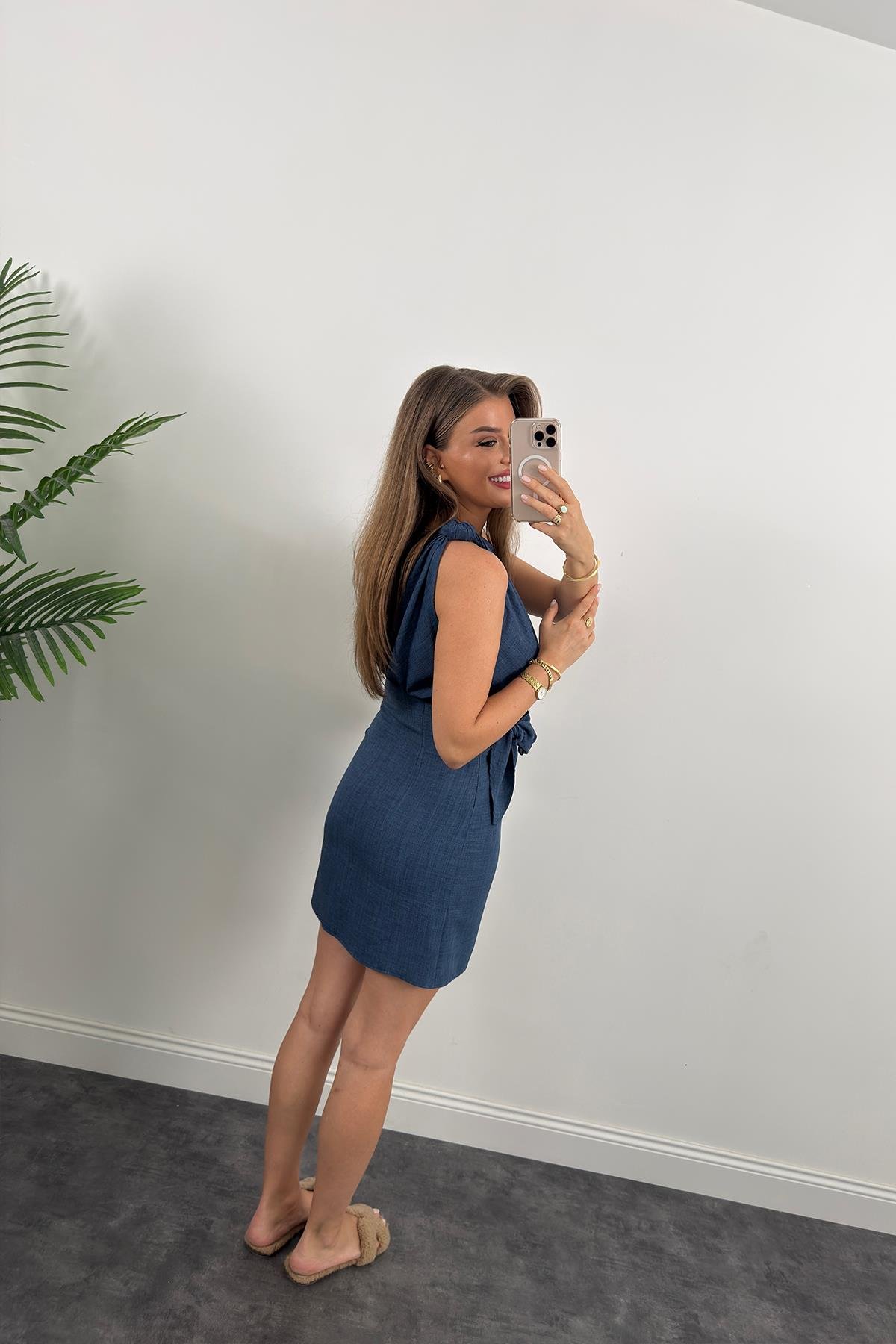 Lüx Kalite Tek Omuz Helen Model Anvelop Keten Elbise Lacivert 