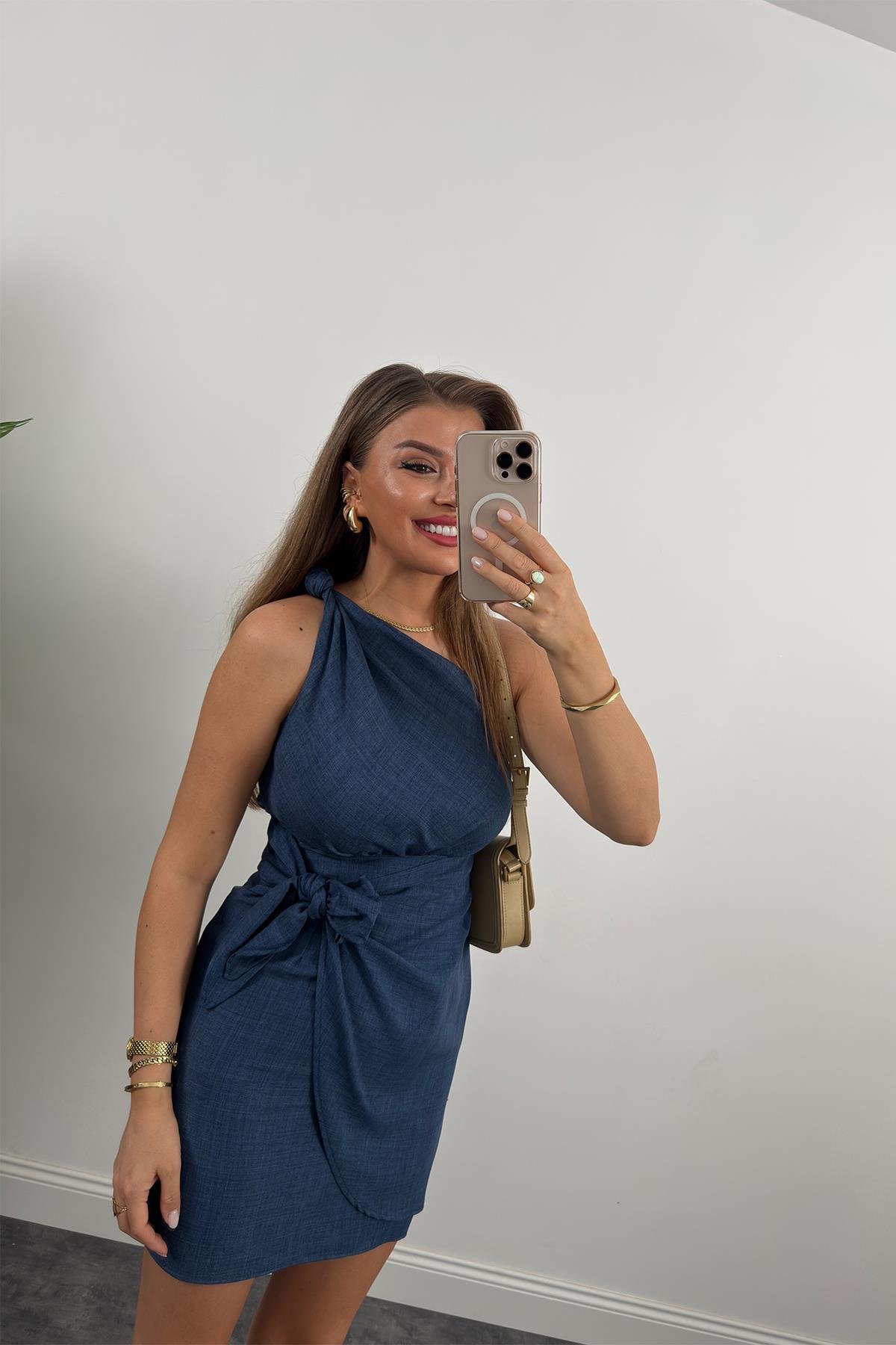 Lüx Kalite Tek Omuz Helen Model Anvelop Keten Elbise Lacivert 