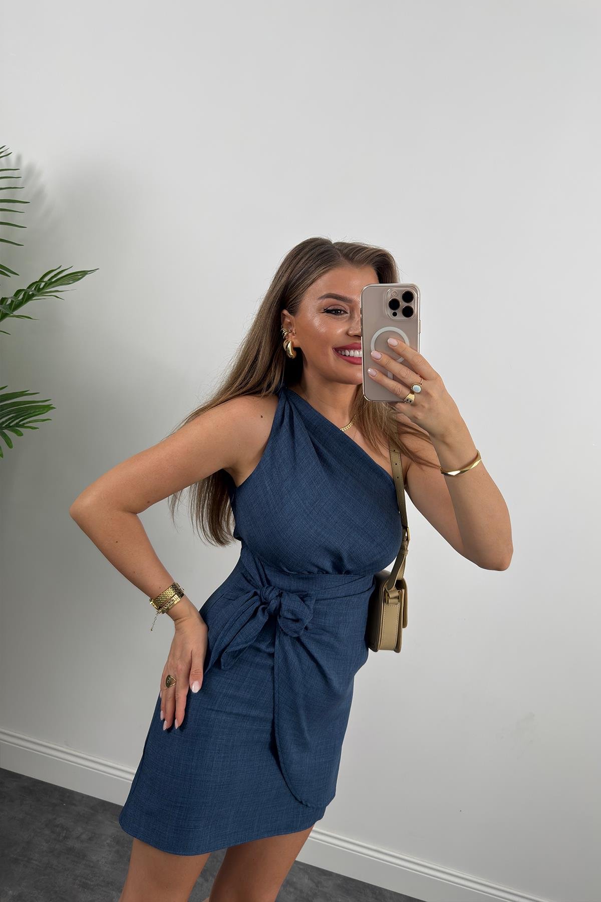 Lüx Kalite Tek Omuz Helen Model Anvelop Keten Elbise Lacivert 