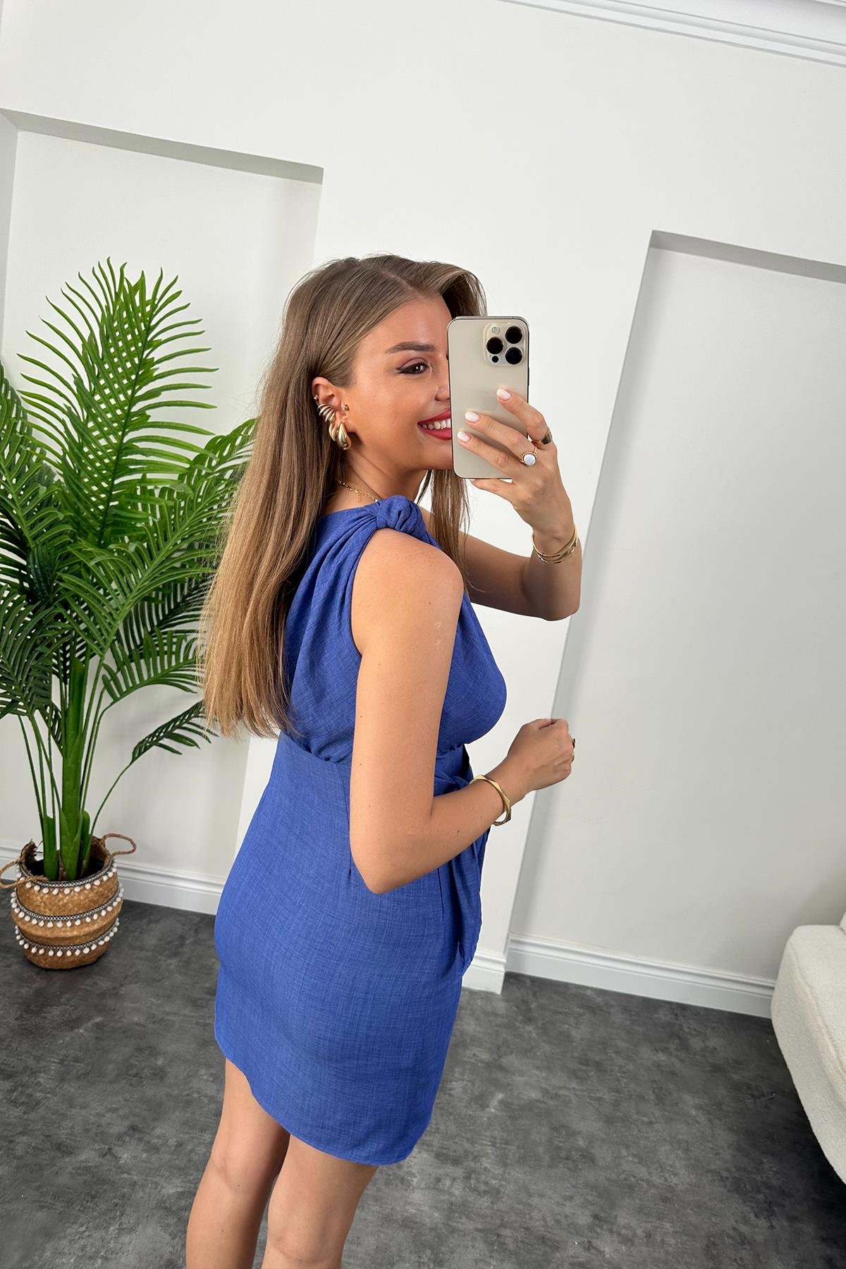 Lüx Kalite Tek Omuz Helen Model Anvelop Keten Elbise Koyu İndigo Mavi