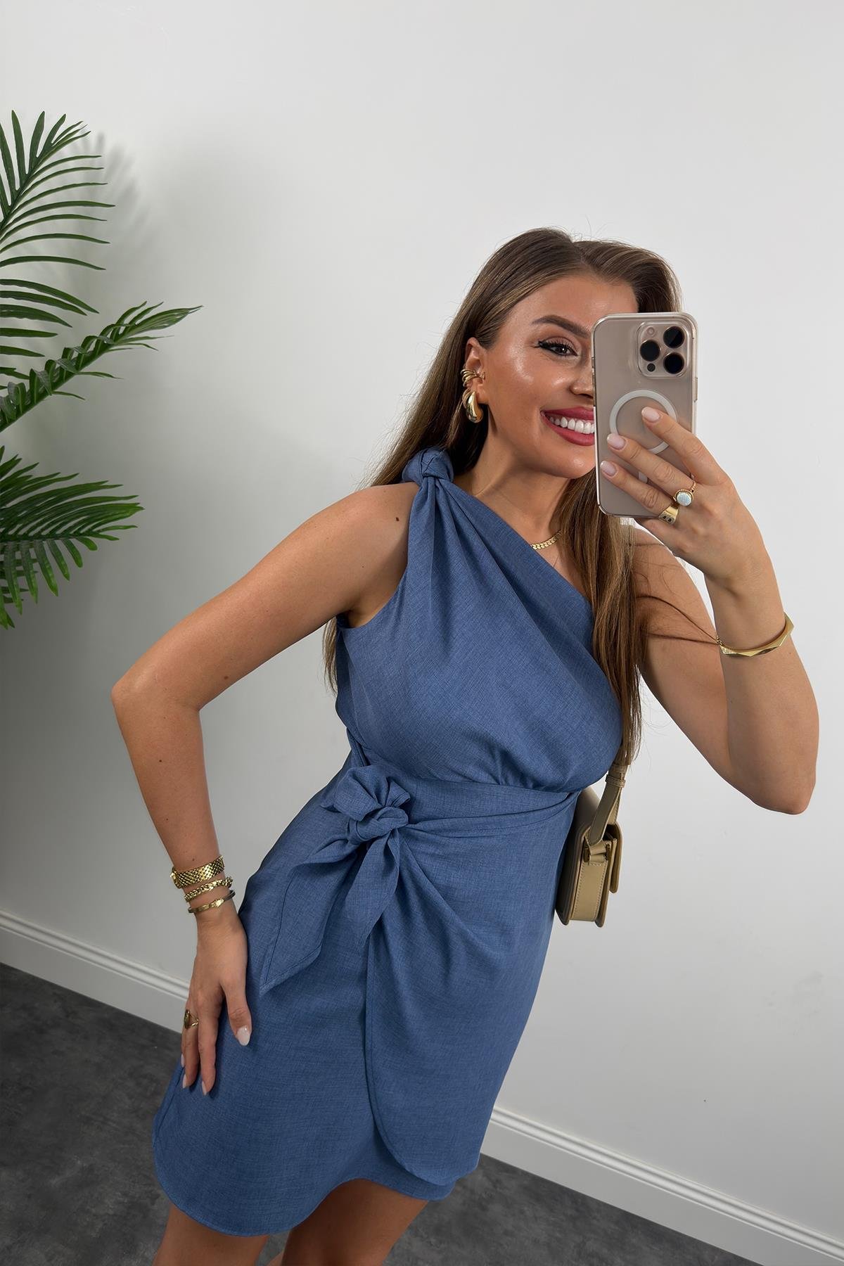 Lüx Kalite Tek Omuz Helen Model Anvelop Keten Elbise İndigo 