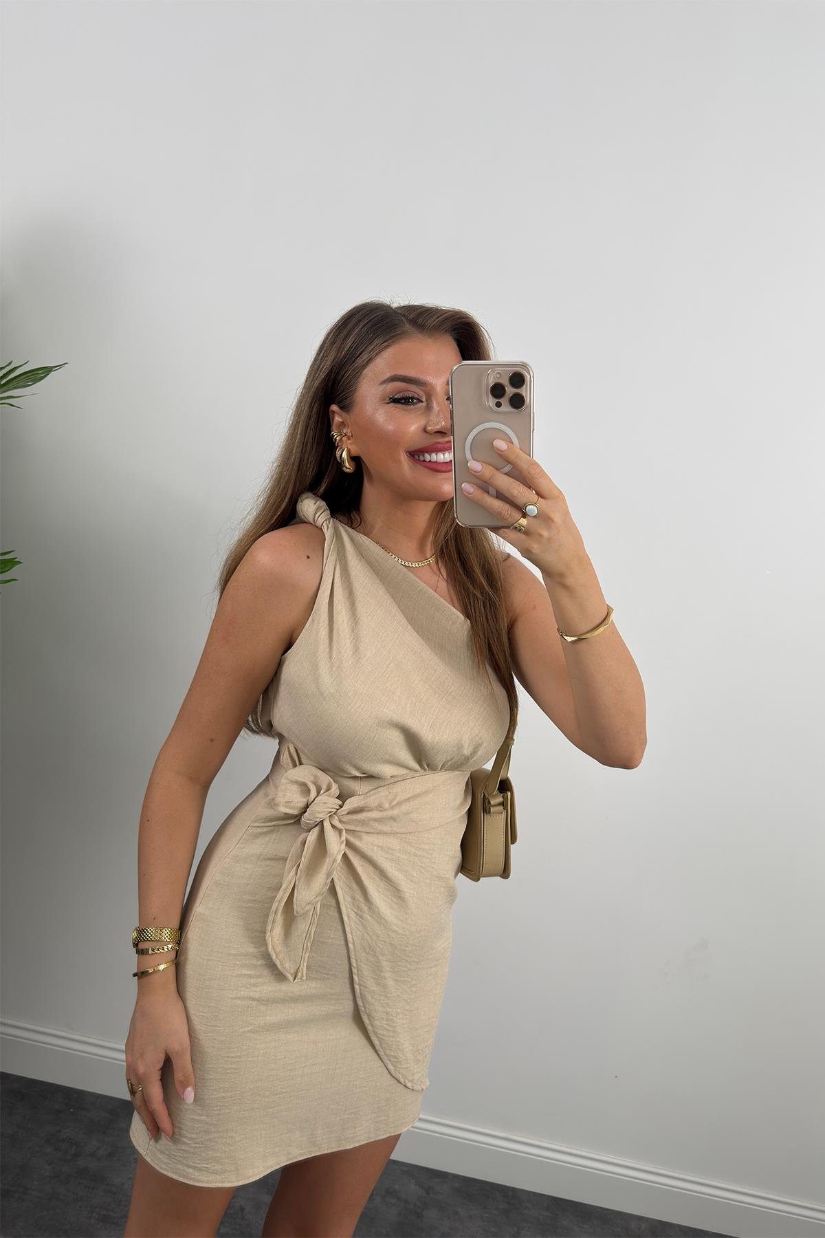 Lüx Kalite Tek Omuz Helen Model Anvelop Keten Elbise Taş 