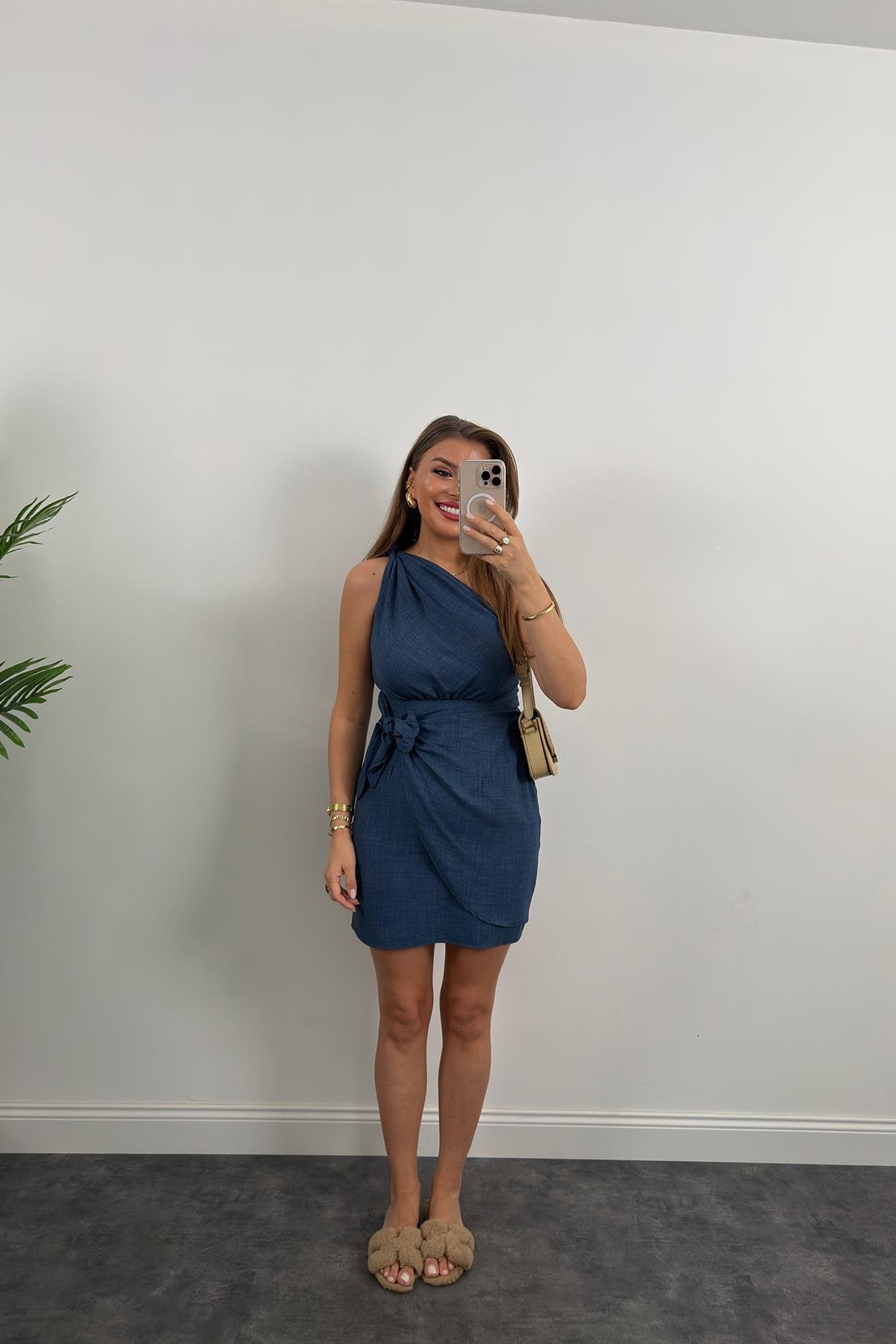 Lüx Kalite Tek Omuz Helen Model Anvelop Keten Elbise Lacivert 