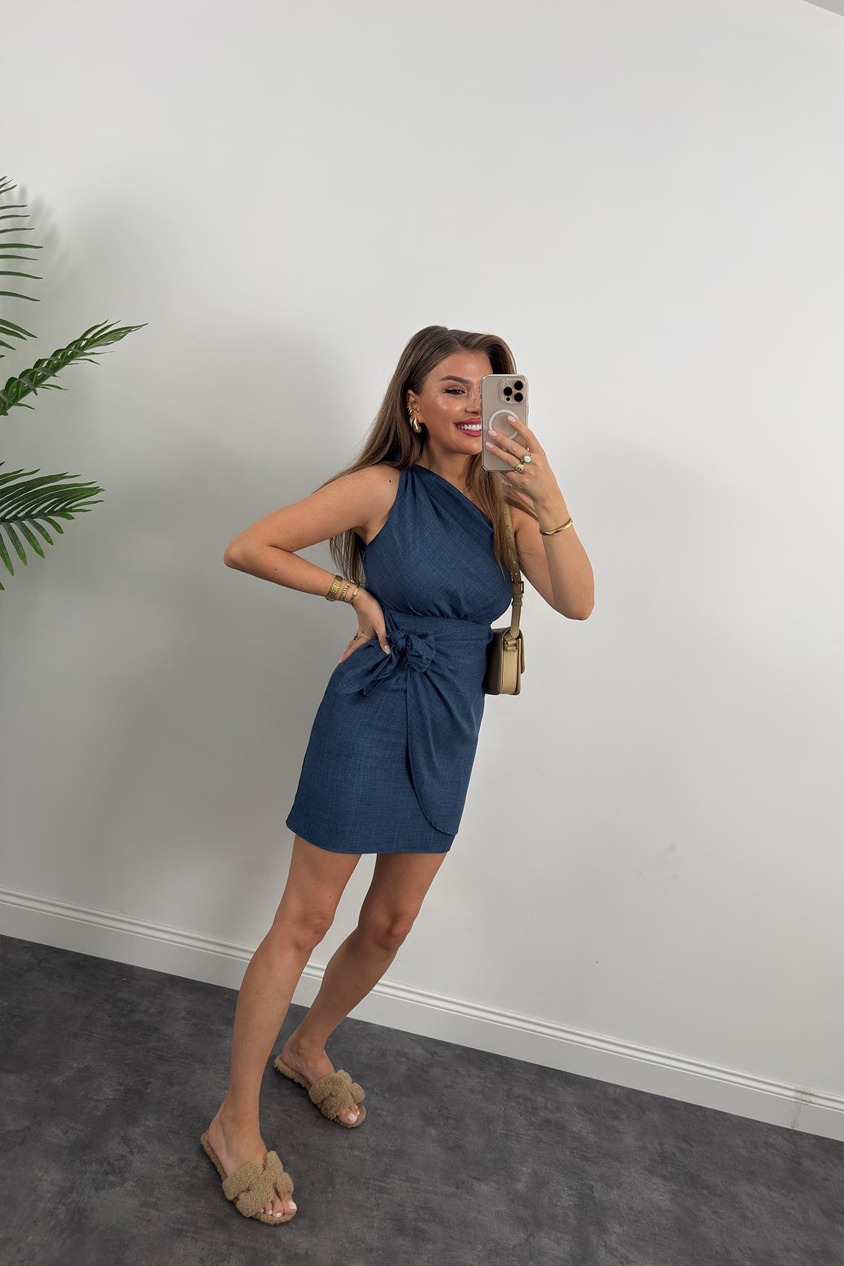 Lüx Kalite Tek Omuz Helen Model Anvelop Keten Elbise Lacivert 