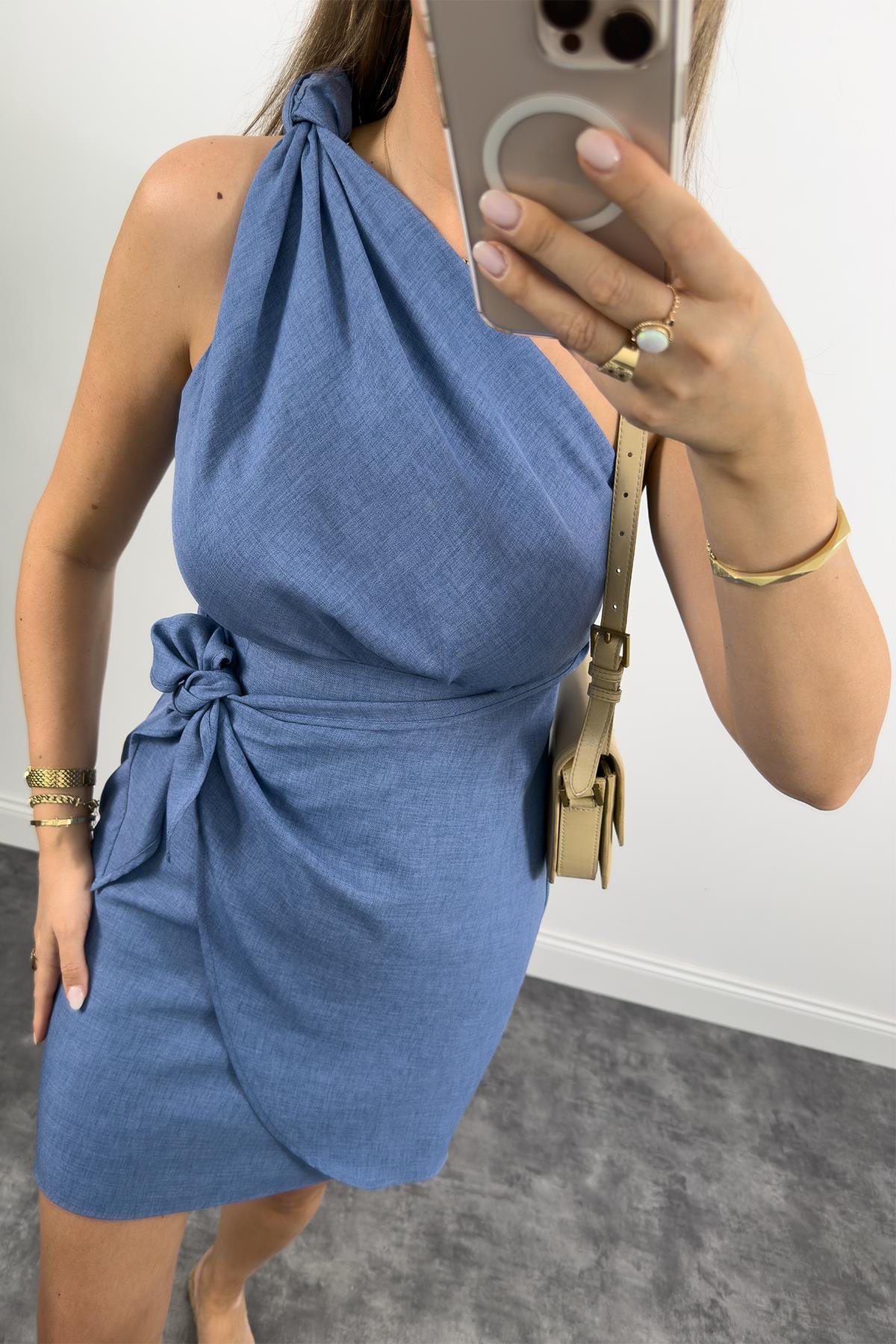 Lüx Kalite Tek Omuz Helen Model Anvelop Keten Elbise İndigo 