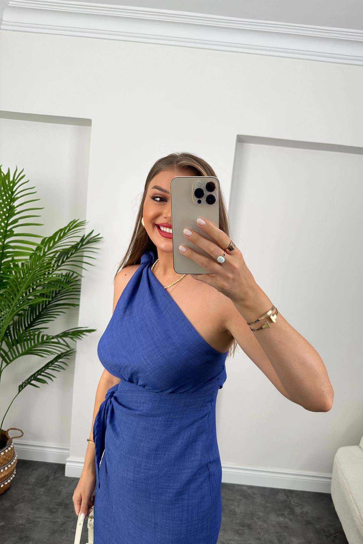 Lüx Kalite Tek Omuz Helen Model Anvelop Keten Elbise Koyu İndigo Mavi