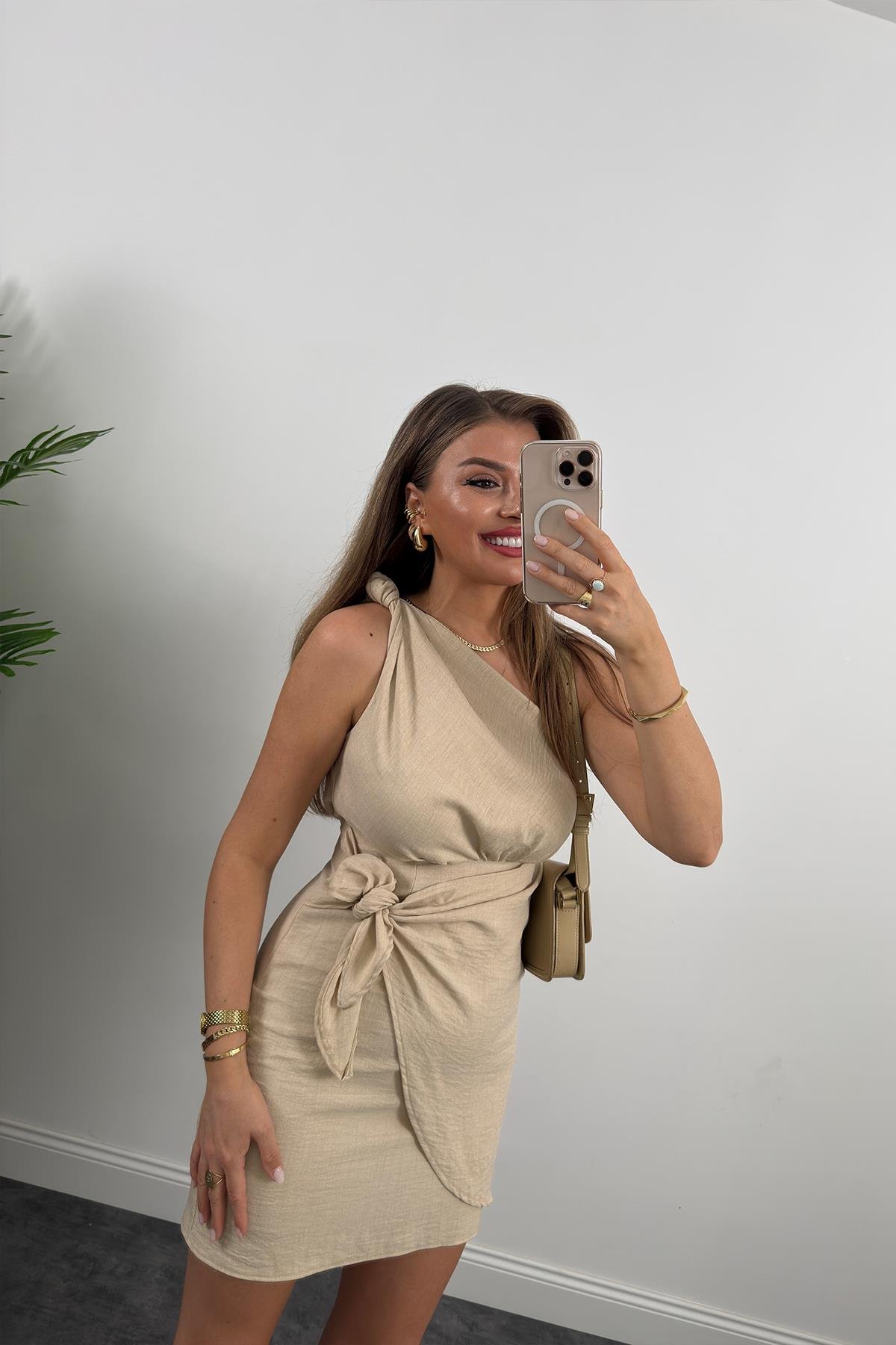 Lüx Kalite Tek Omuz Helen Model Anvelop Keten Elbise Taş 