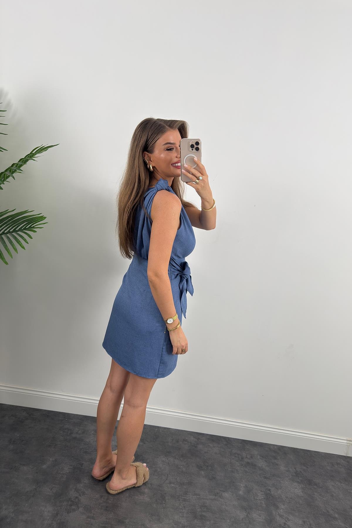 Lüx Kalite Tek Omuz Helen Model Anvelop Keten Elbise İndigo 