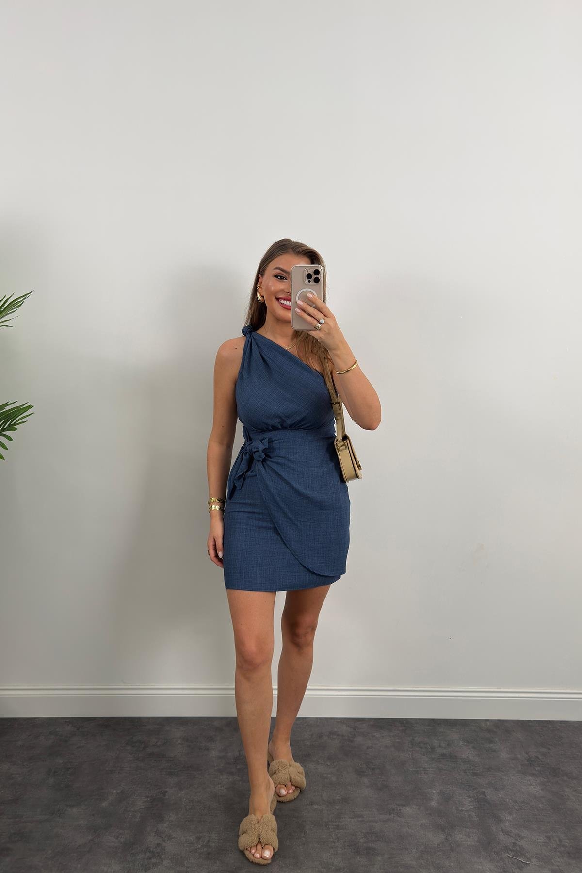 Lüx Kalite Tek Omuz Helen Model Anvelop Keten Elbise Lacivert 