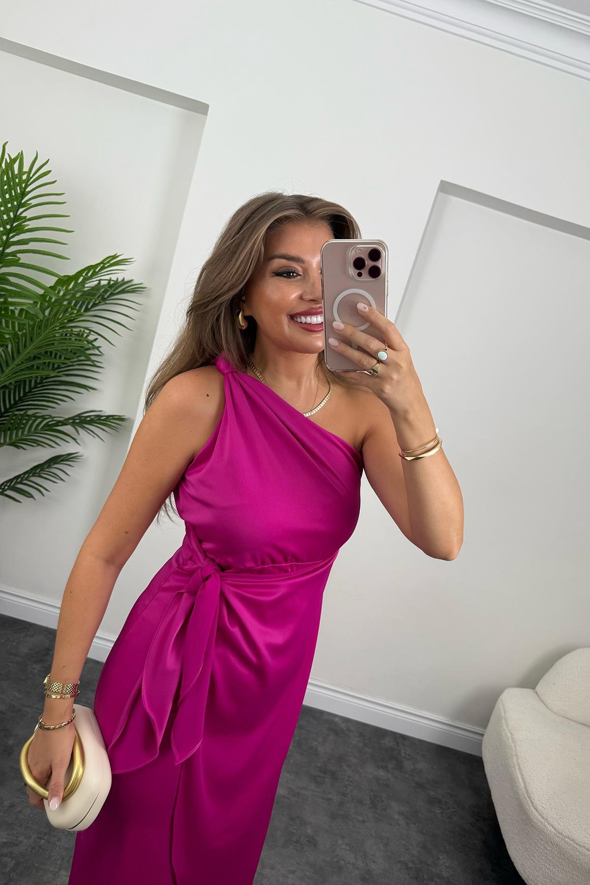 Lüx Kalite Tek Omuz Midi Boy Anvelop Elbise Fuşya 