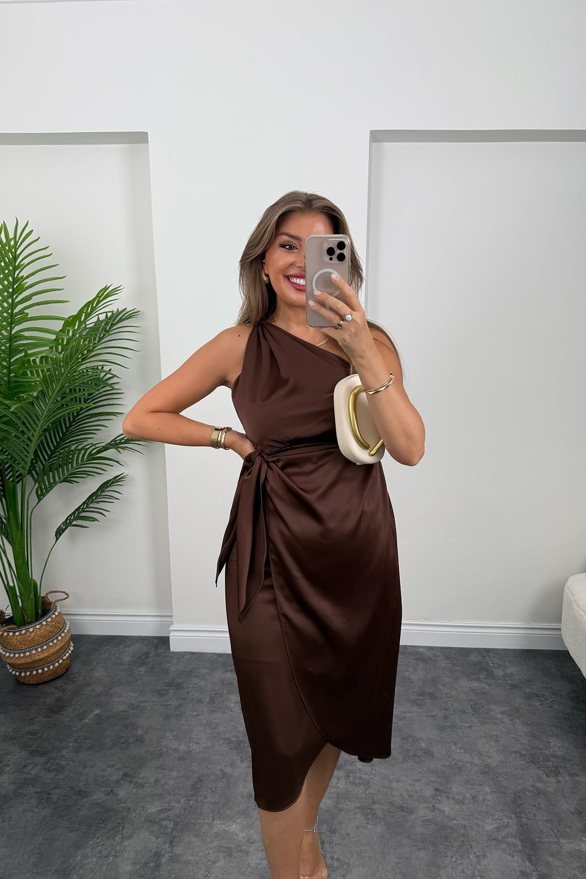 Lüx Kalite Tek Omuz Midi Boy Anvelop Elbise Acı Kahve