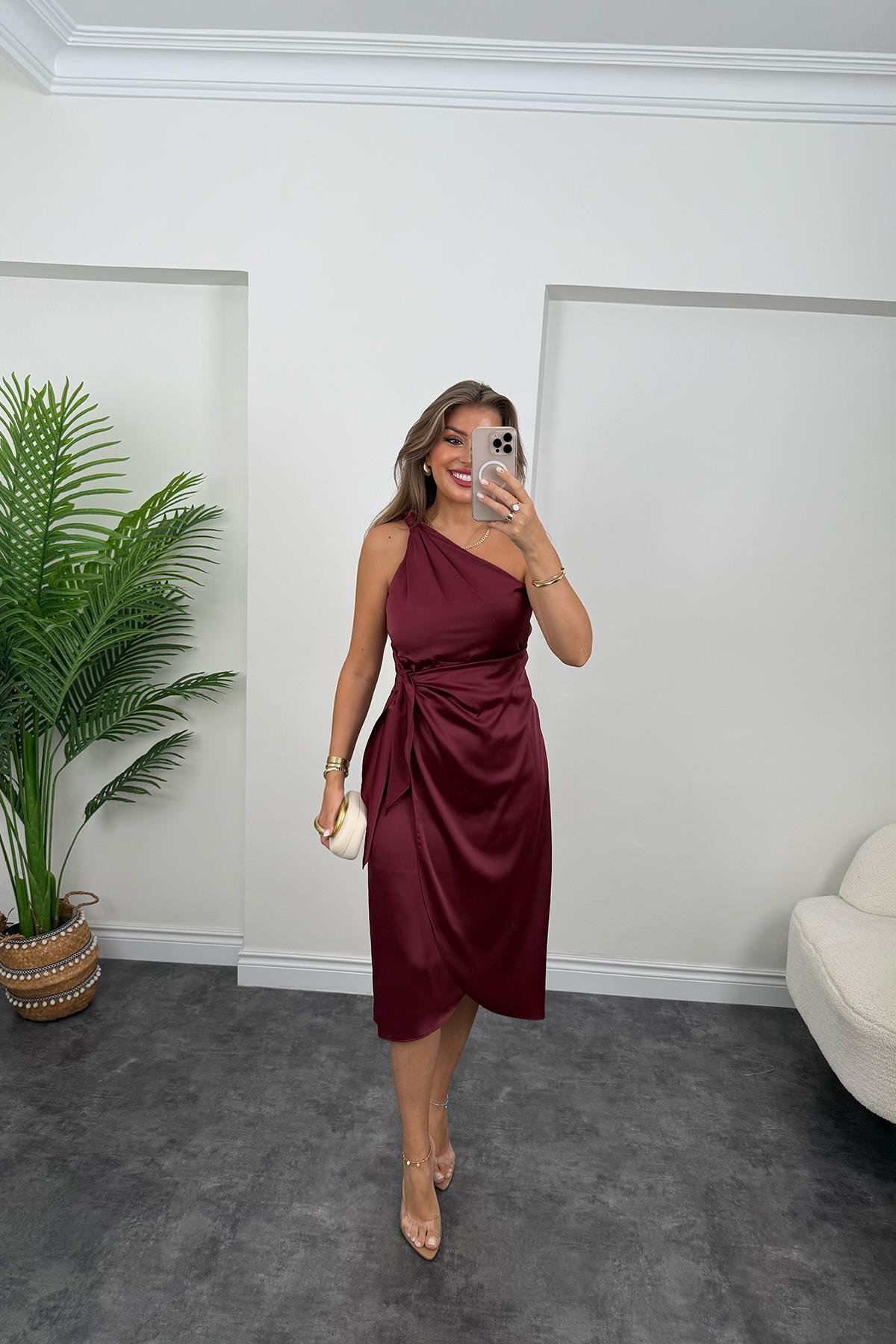 Lüx Kalite Tek Omuz Midi Boy Anvelop Elbise Bordo