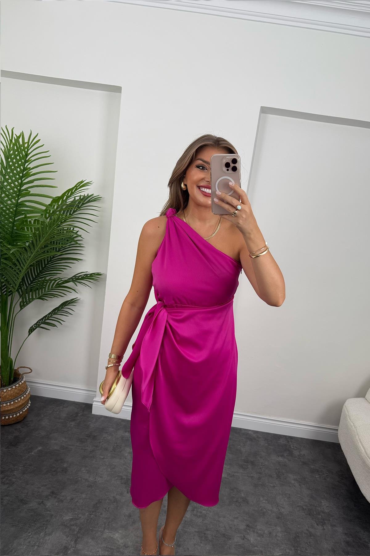Lüx Kalite Tek Omuz Midi Boy Anvelop Elbise Fuşya 