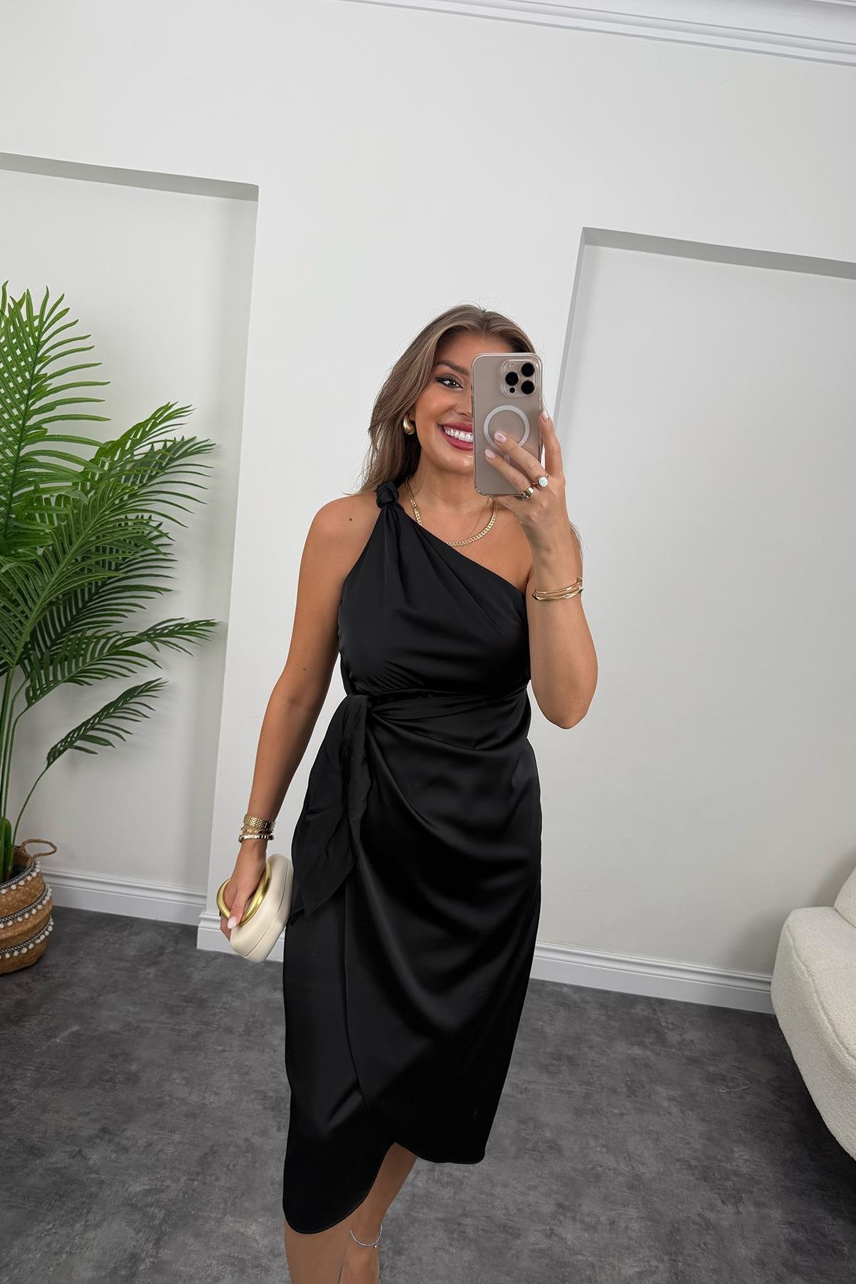 Lüx Kalite Tek Omuz Midi Boy Anvelop Elbise Siyah 