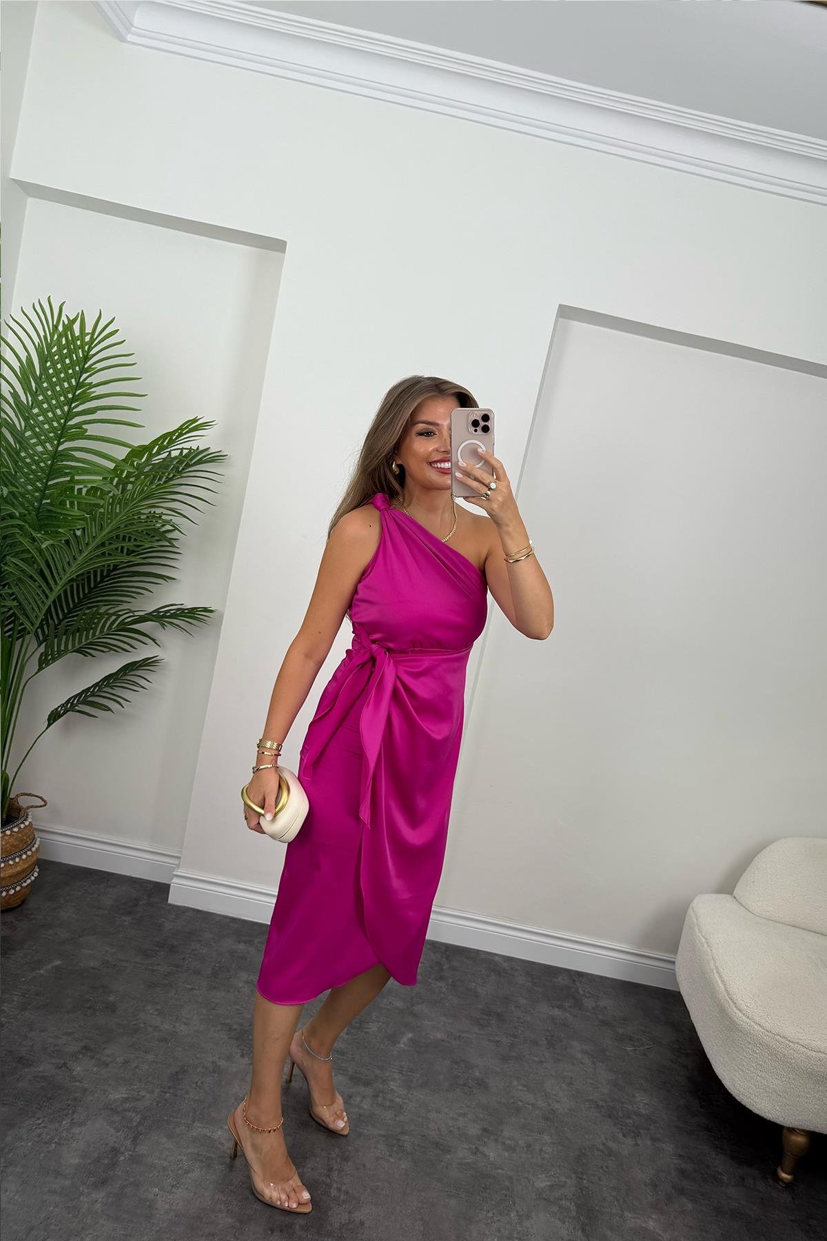 Lüx Kalite Tek Omuz Midi Boy Anvelop Elbise Fuşya 