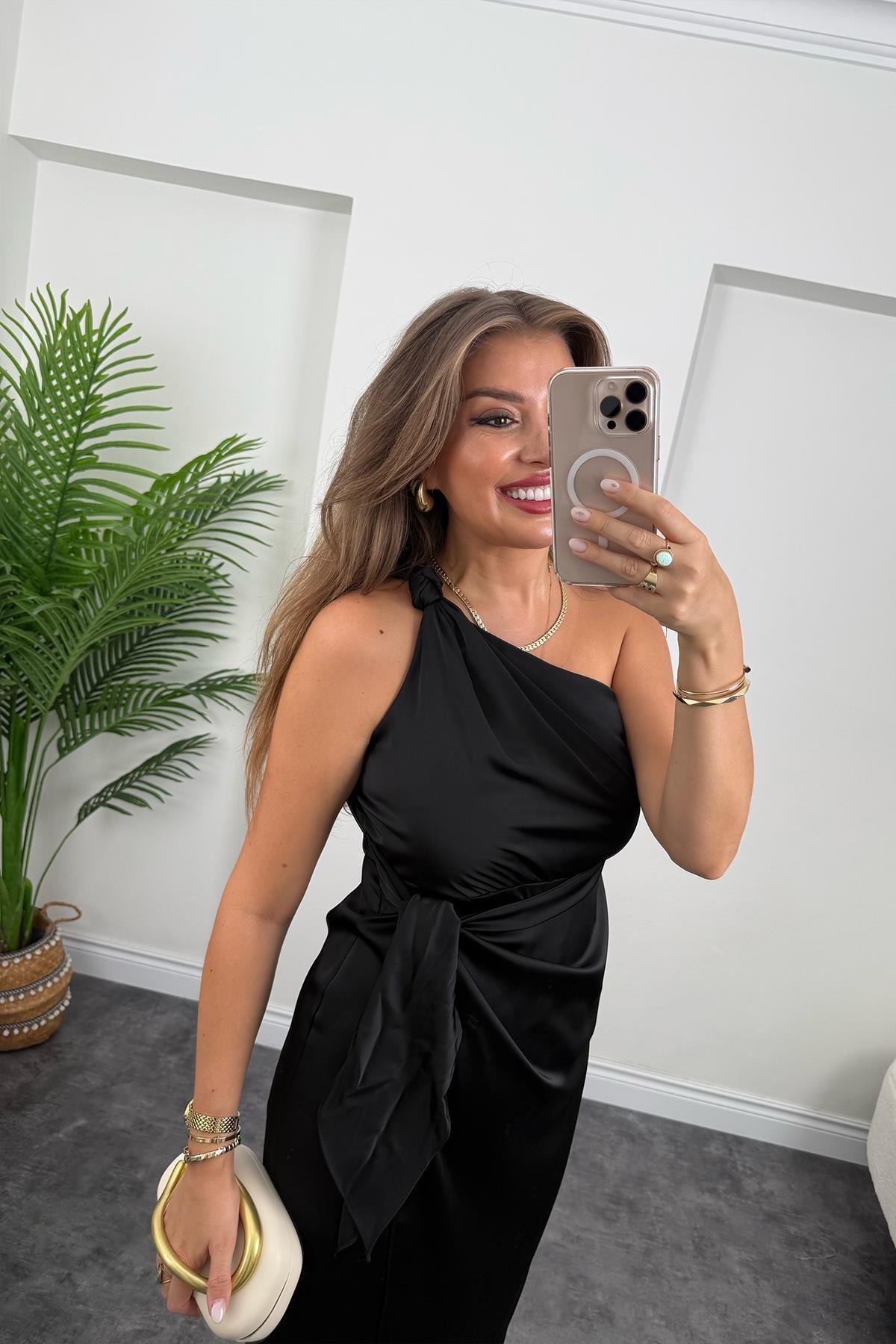 Lüx Kalite Tek Omuz Midi Boy Anvelop Elbise Siyah 