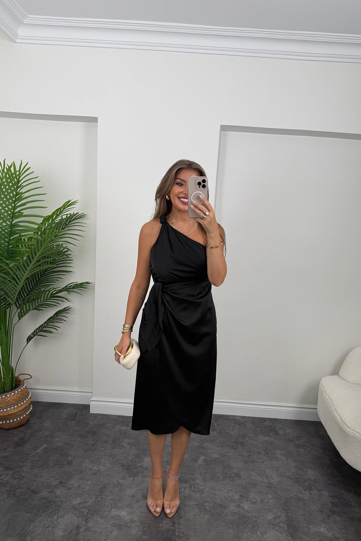 Lüx Kalite Tek Omuz Midi Boy Anvelop Elbise Siyah 