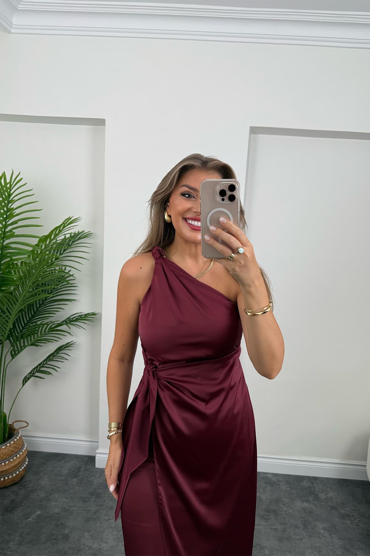 Lüx Kalite Tek Omuz Midi Boy Anvelop Elbise Bordo