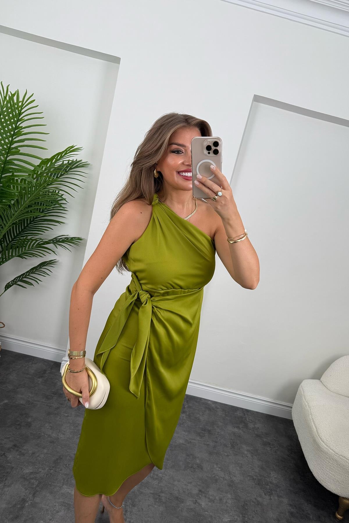Lüx Kalite Tek Omuz Midi Boy Anvelop Elbise Yağ Yeşili