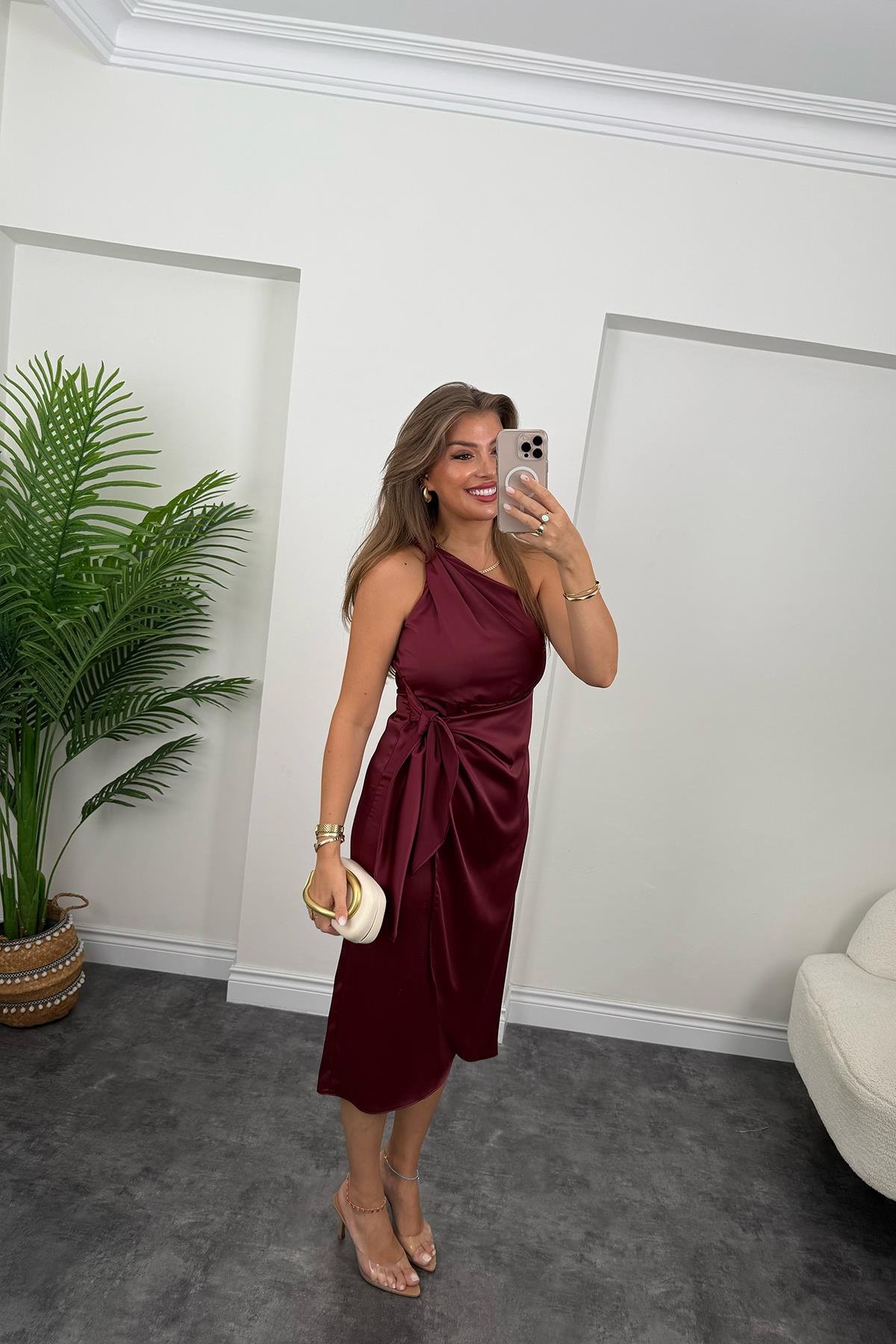 Lüx Kalite Tek Omuz Midi Boy Anvelop Elbise Bordo