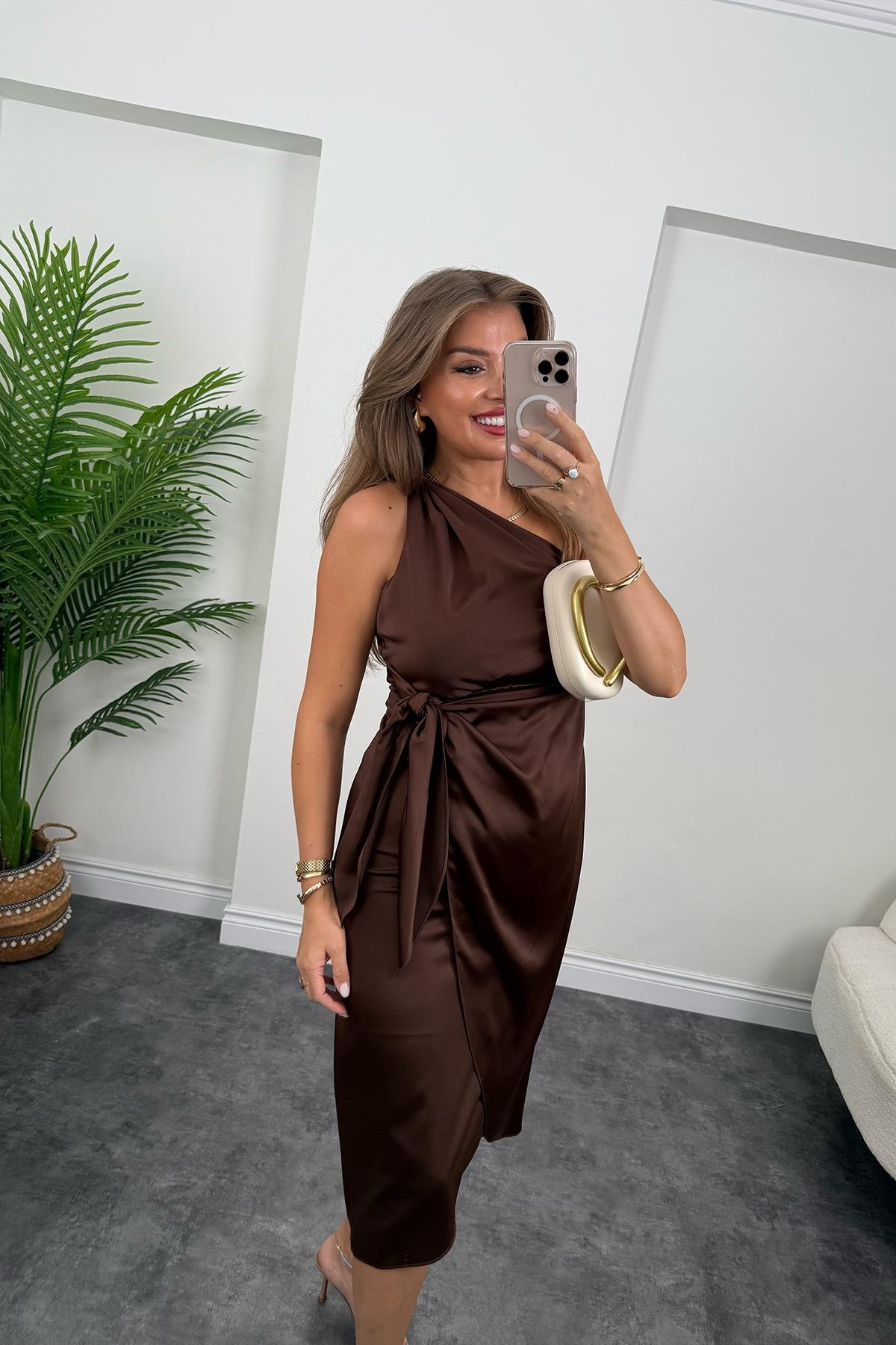 Lüx Kalite Tek Omuz Midi Boy Anvelop Elbise Acı Kahve