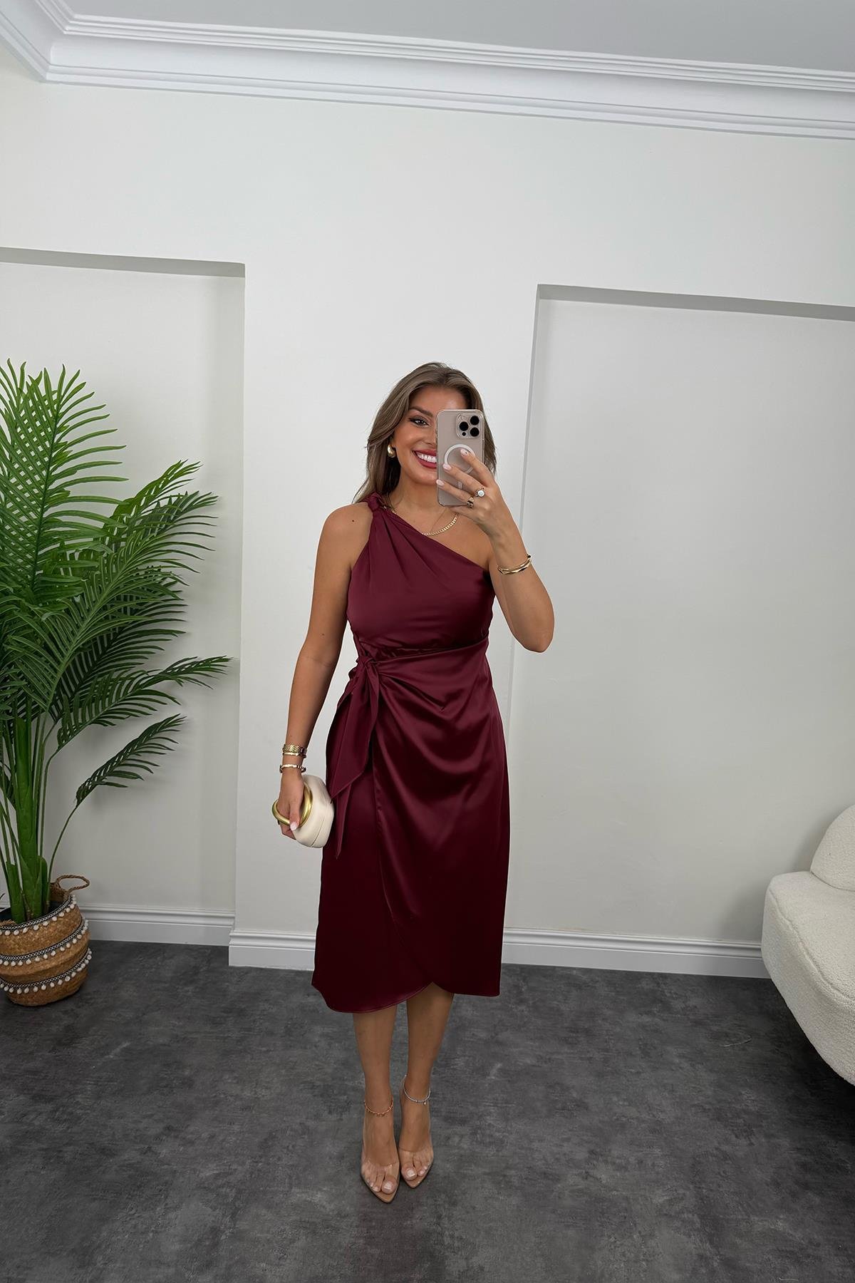 Lüx Kalite Tek Omuz Midi Boy Anvelop Elbise Bordo