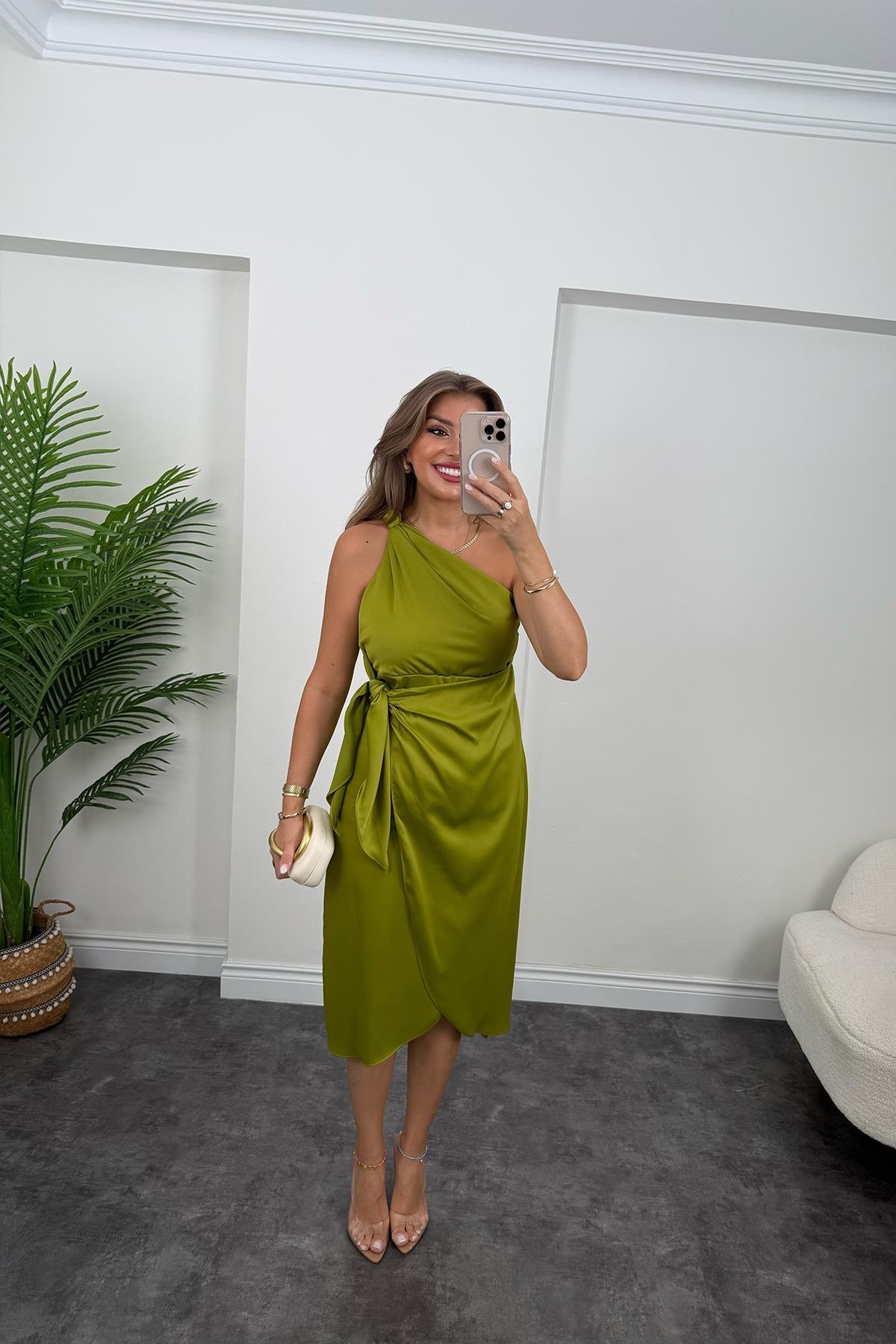 Lüx Kalite Tek Omuz Midi Boy Anvelop Elbise Yağ Yeşili
