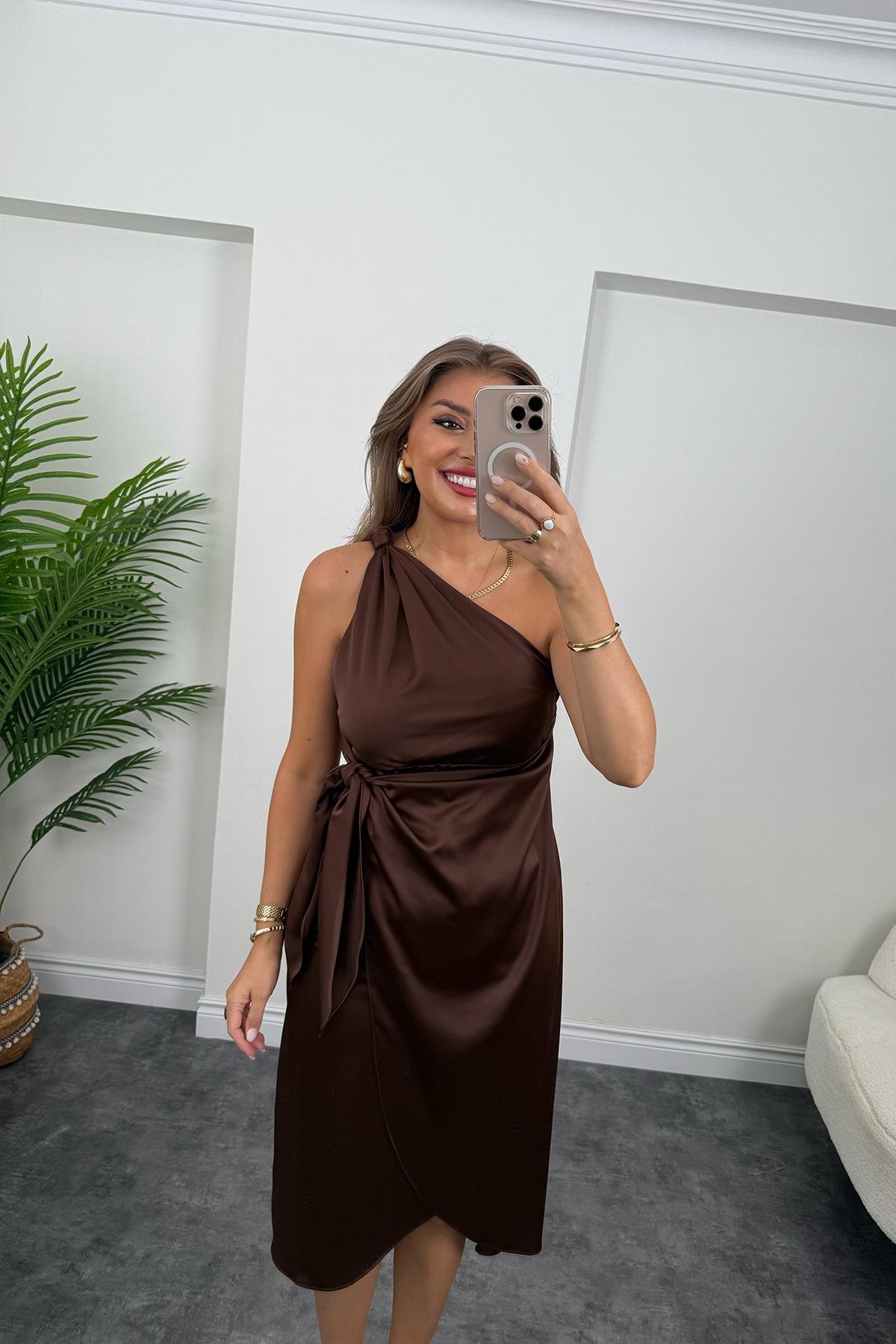 Lüx Kalite Tek Omuz Midi Boy Anvelop Elbise Acı Kahve
