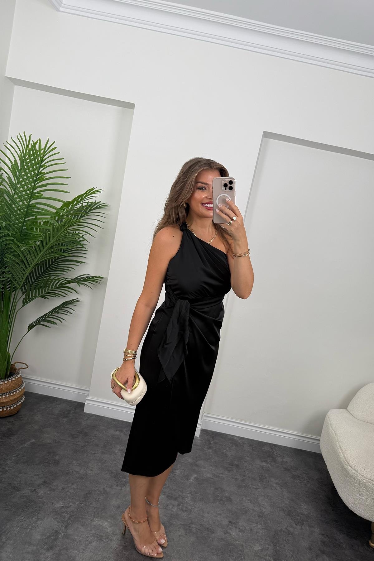 Lüx Kalite Tek Omuz Midi Boy Anvelop Elbise Siyah 