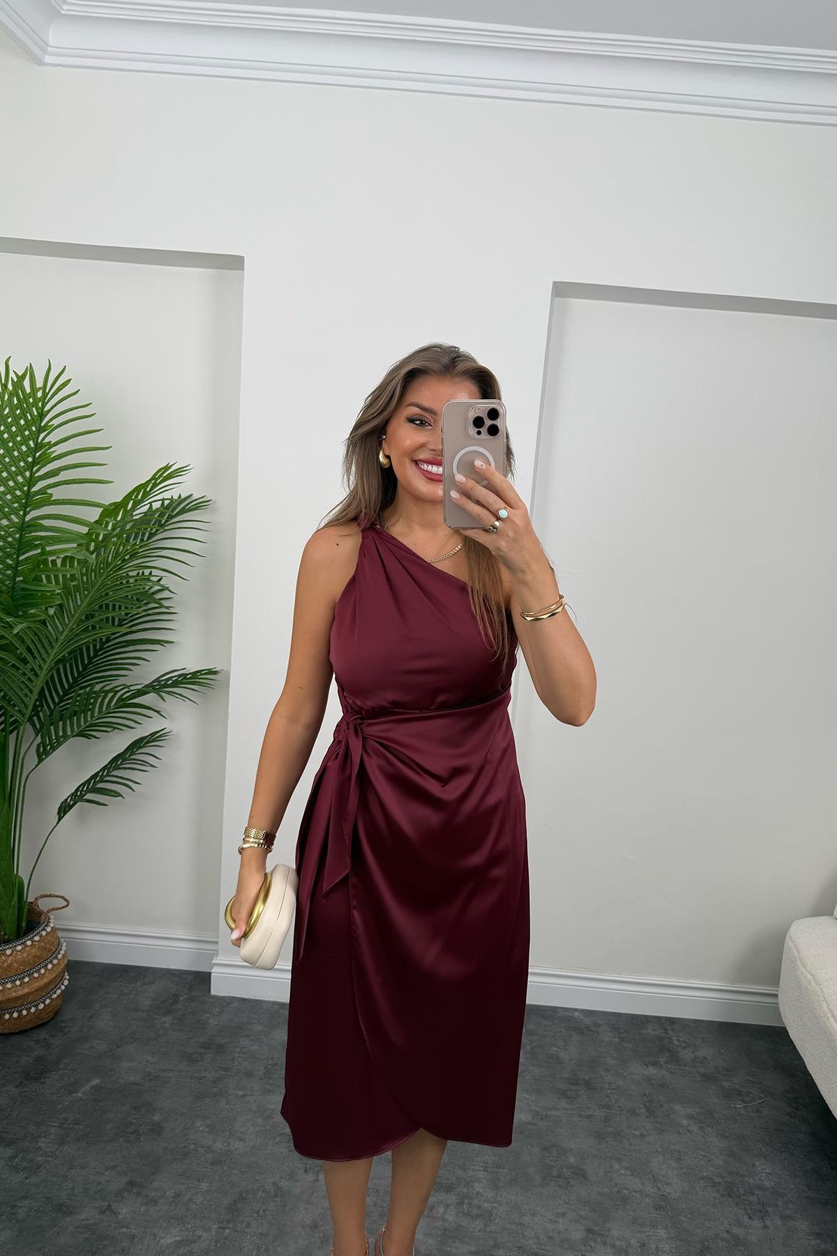 Lüx Kalite Tek Omuz Midi Boy Anvelop Elbise Bordo