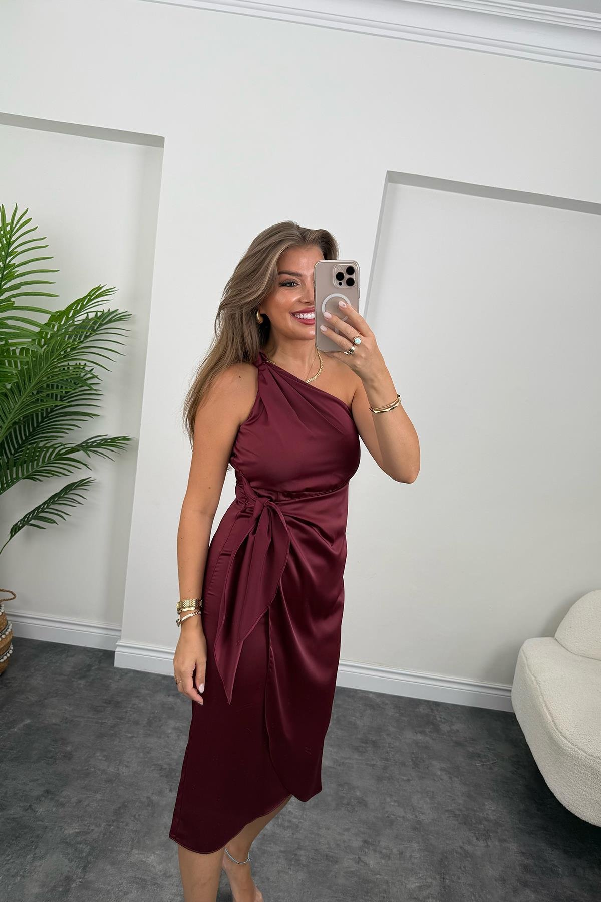 Lüx Kalite Tek Omuz Midi Boy Anvelop Elbise Bordo