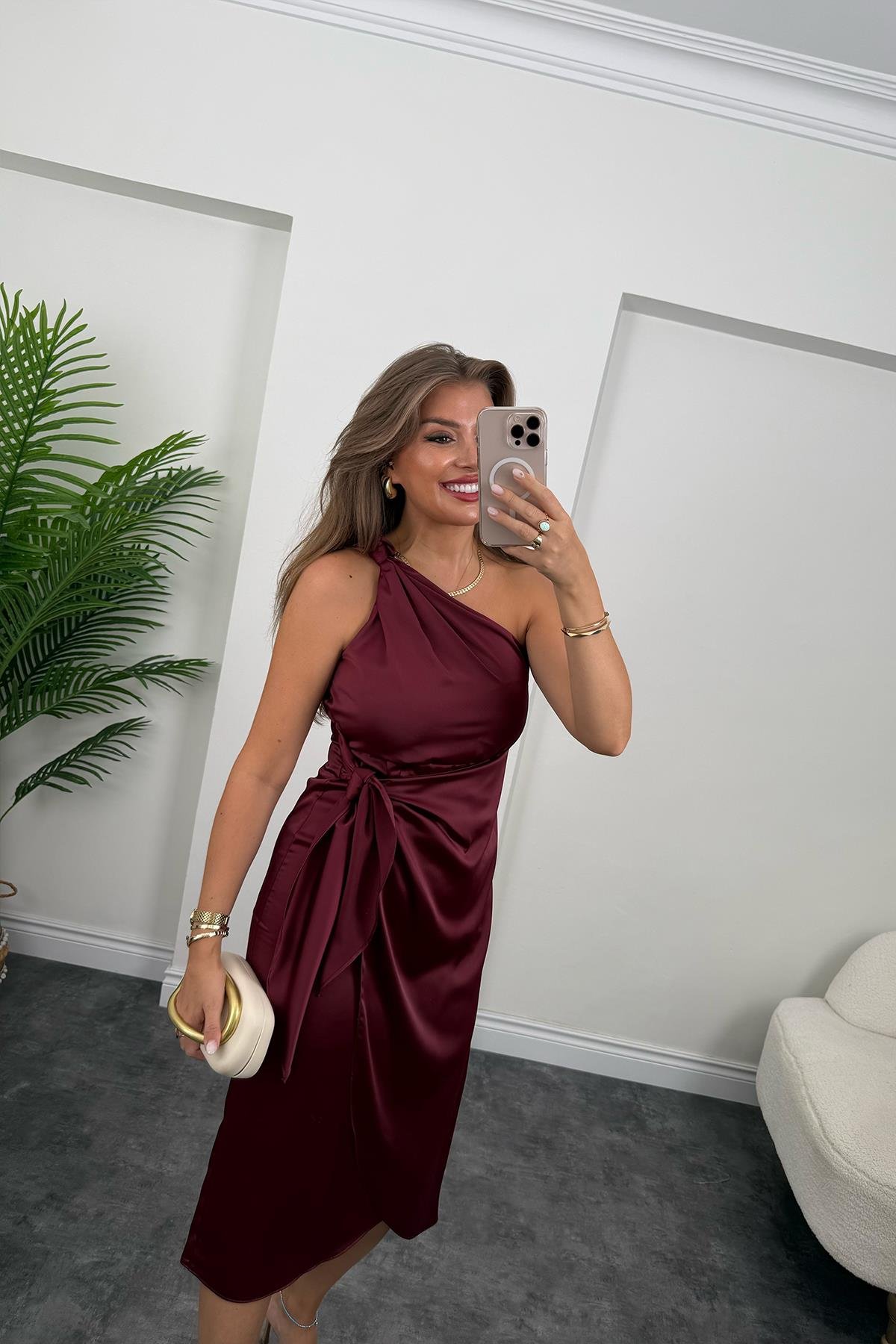 Lüx Kalite Tek Omuz Midi Boy Anvelop Elbise Bordo