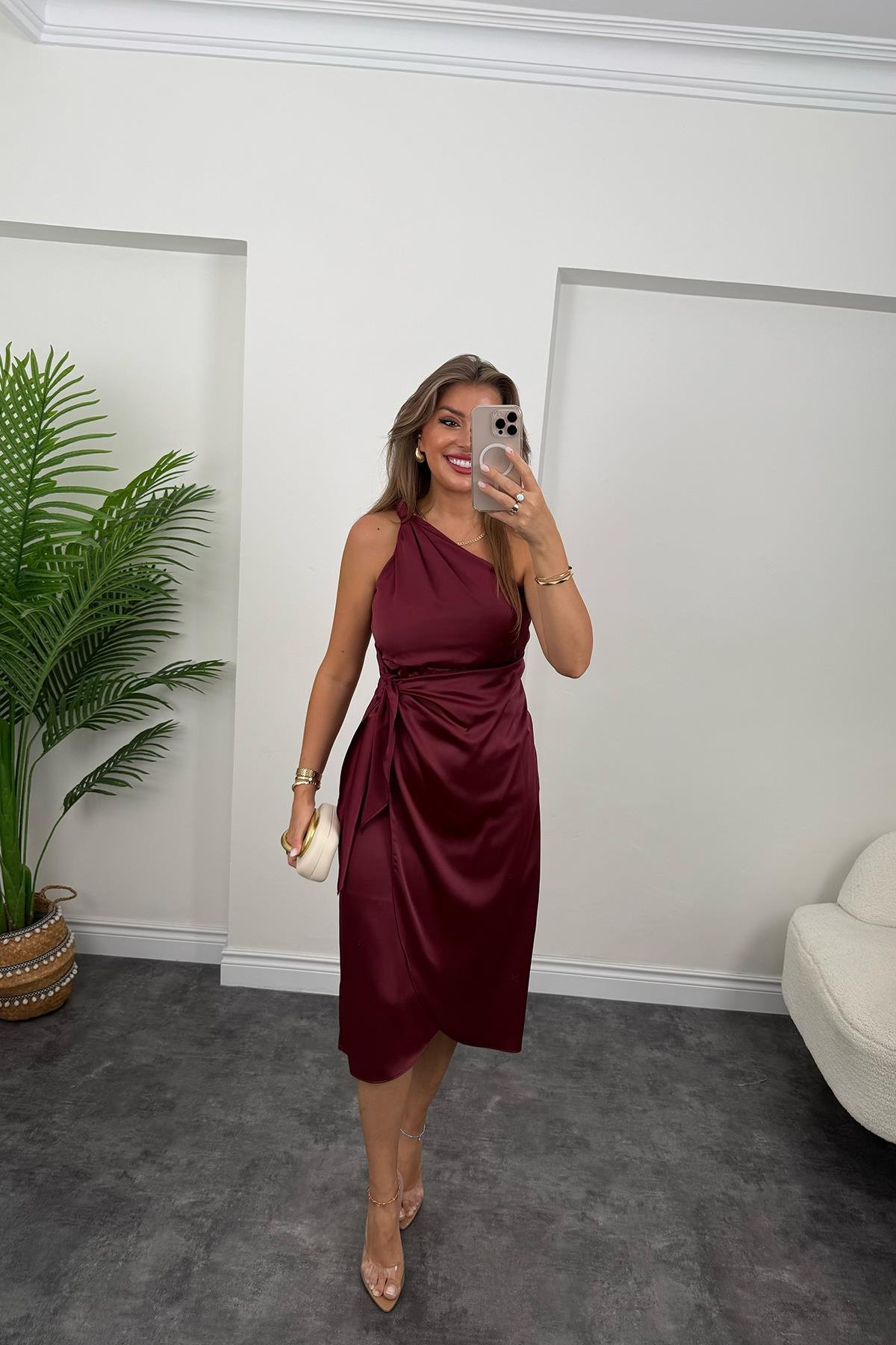 Lüx Kalite Tek Omuz Midi Boy Anvelop Elbise Bordo