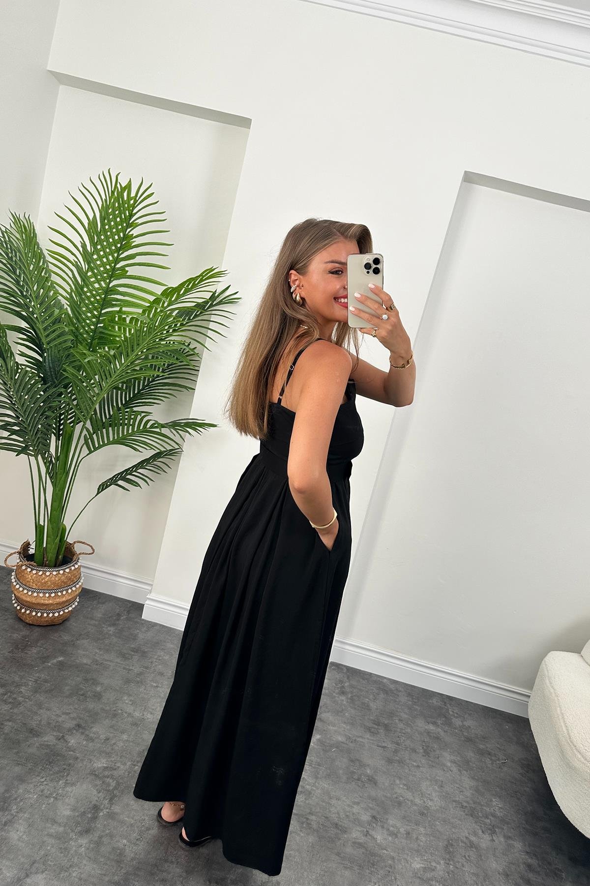 Lüx Kalite Tensel Modal Kumaş Kemerli Maxi Kloş Elbise Siyah