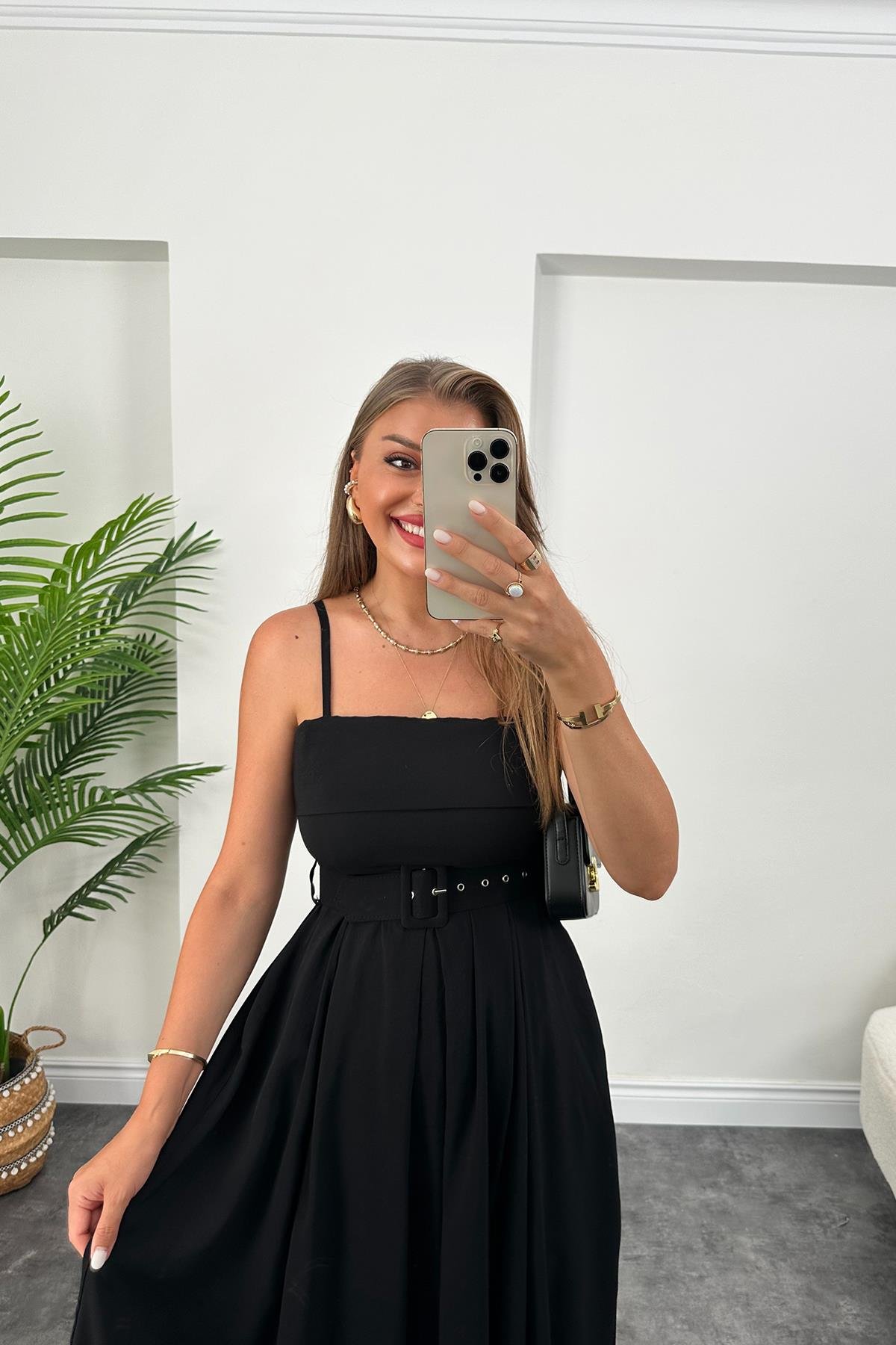 Lüx Kalite Tensel Modal Kumaş Kemerli Maxi Kloş Elbise Siyah