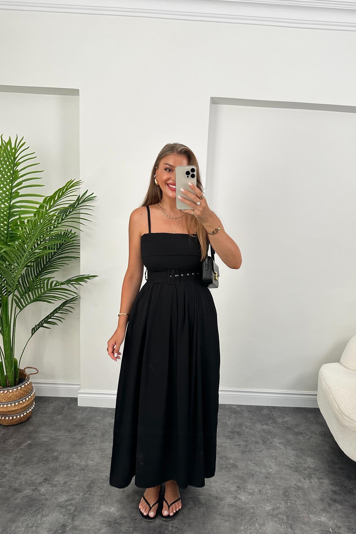 Lüx Kalite Tensel Modal Kumaş Kemerli Maxi Kloş Elbise Siyah