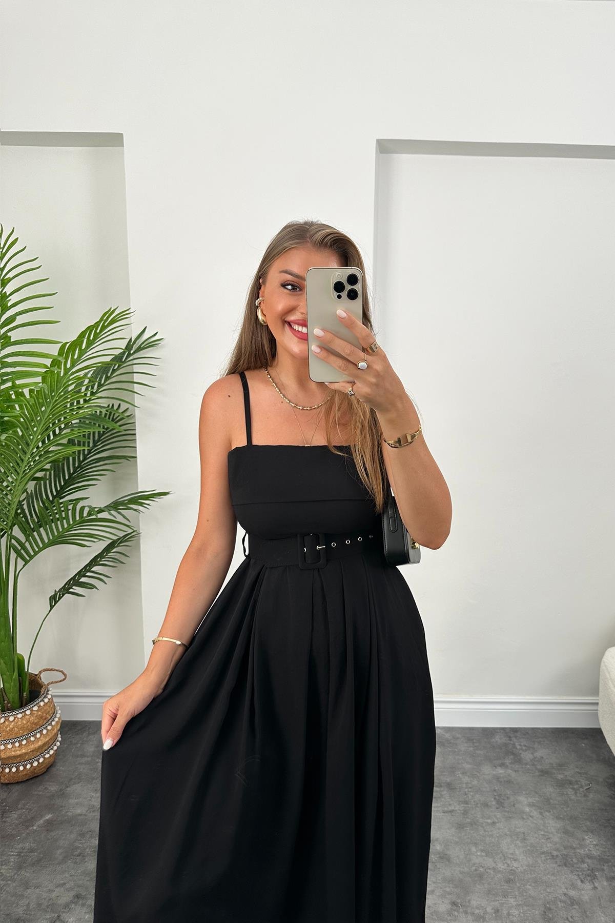 Lüx Kalite Tensel Modal Kumaş Kemerli Maxi Kloş Elbise Siyah