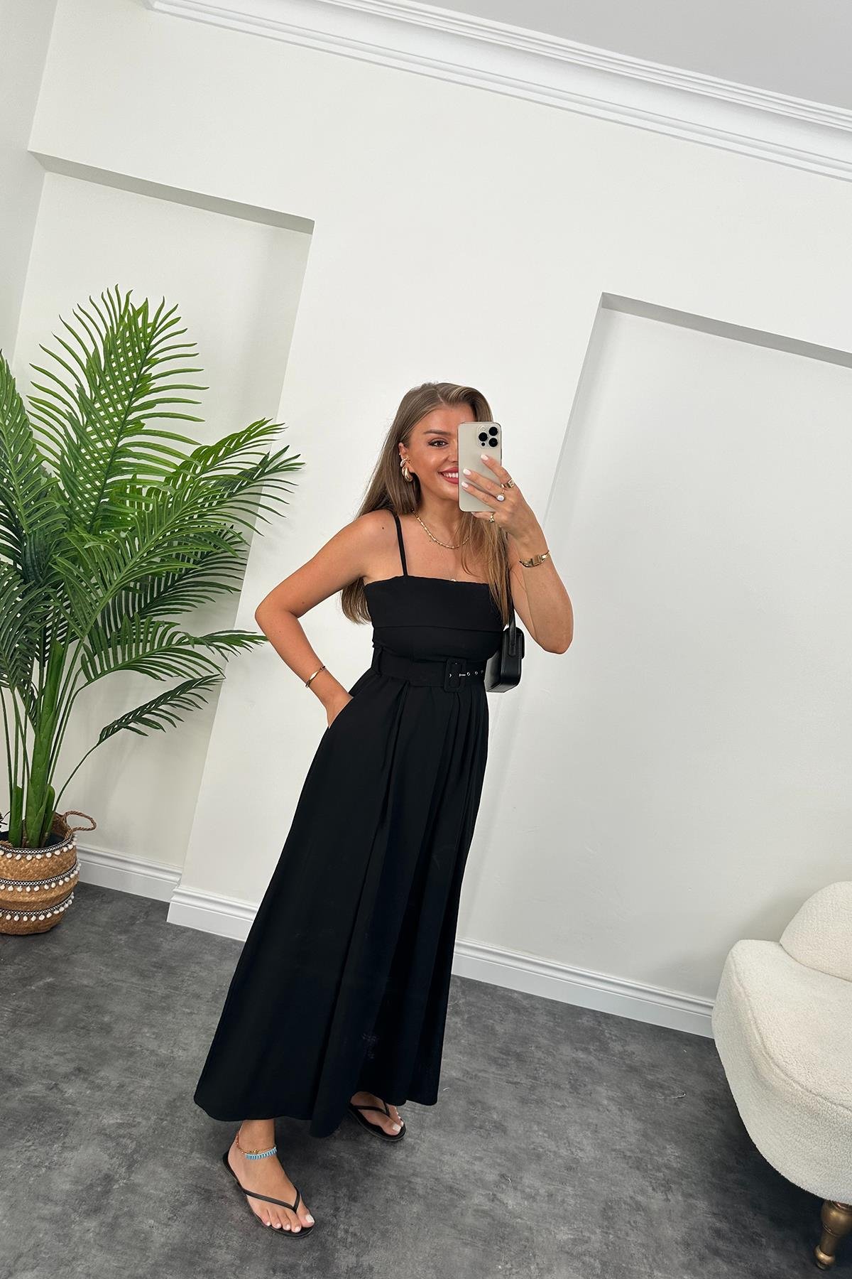 Lüx Kalite Tensel Modal Kumaş Kemerli Maxi Kloş Elbise Siyah