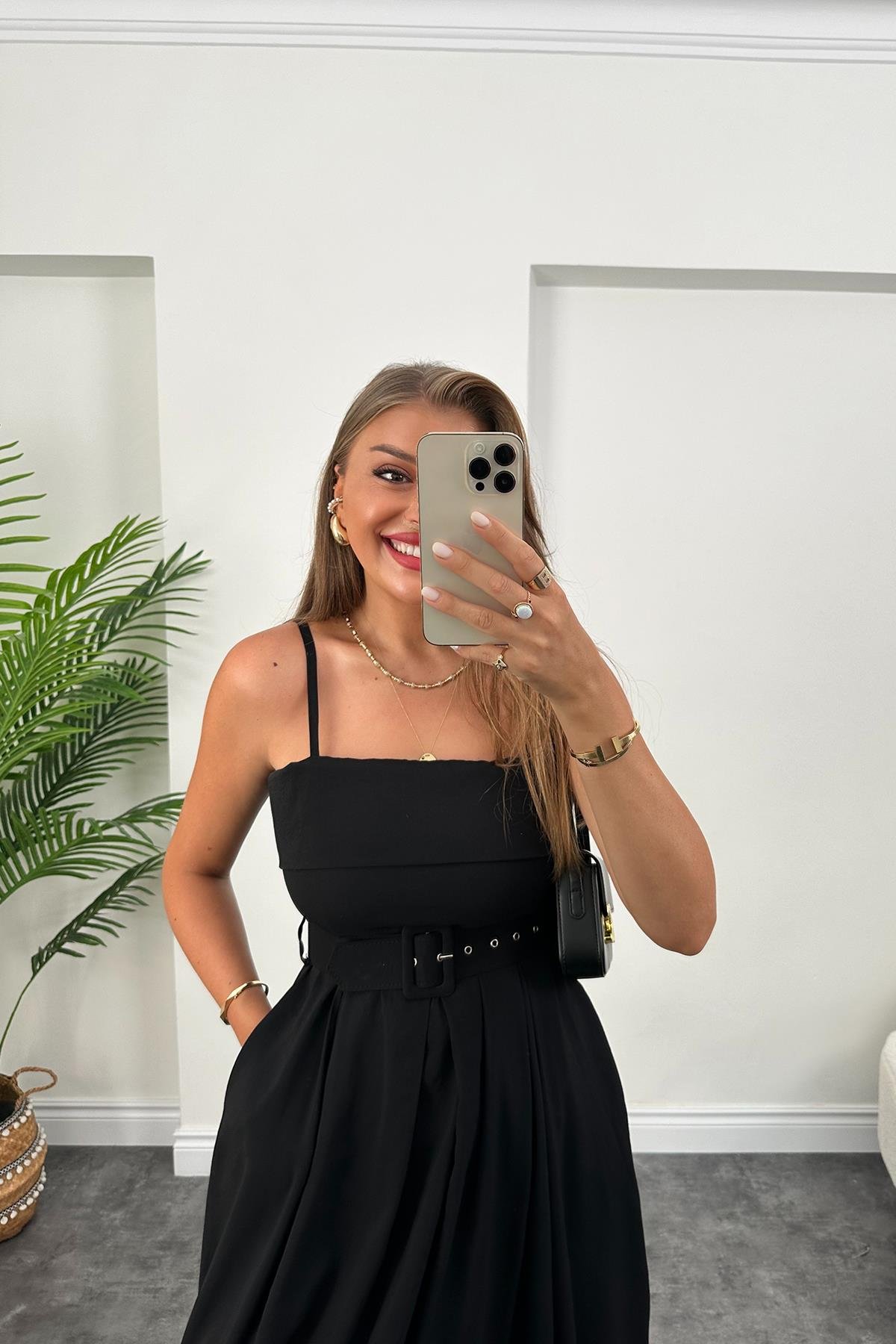 Lüx Kalite Tensel Modal Kumaş Kemerli Maxi Kloş Elbise Siyah