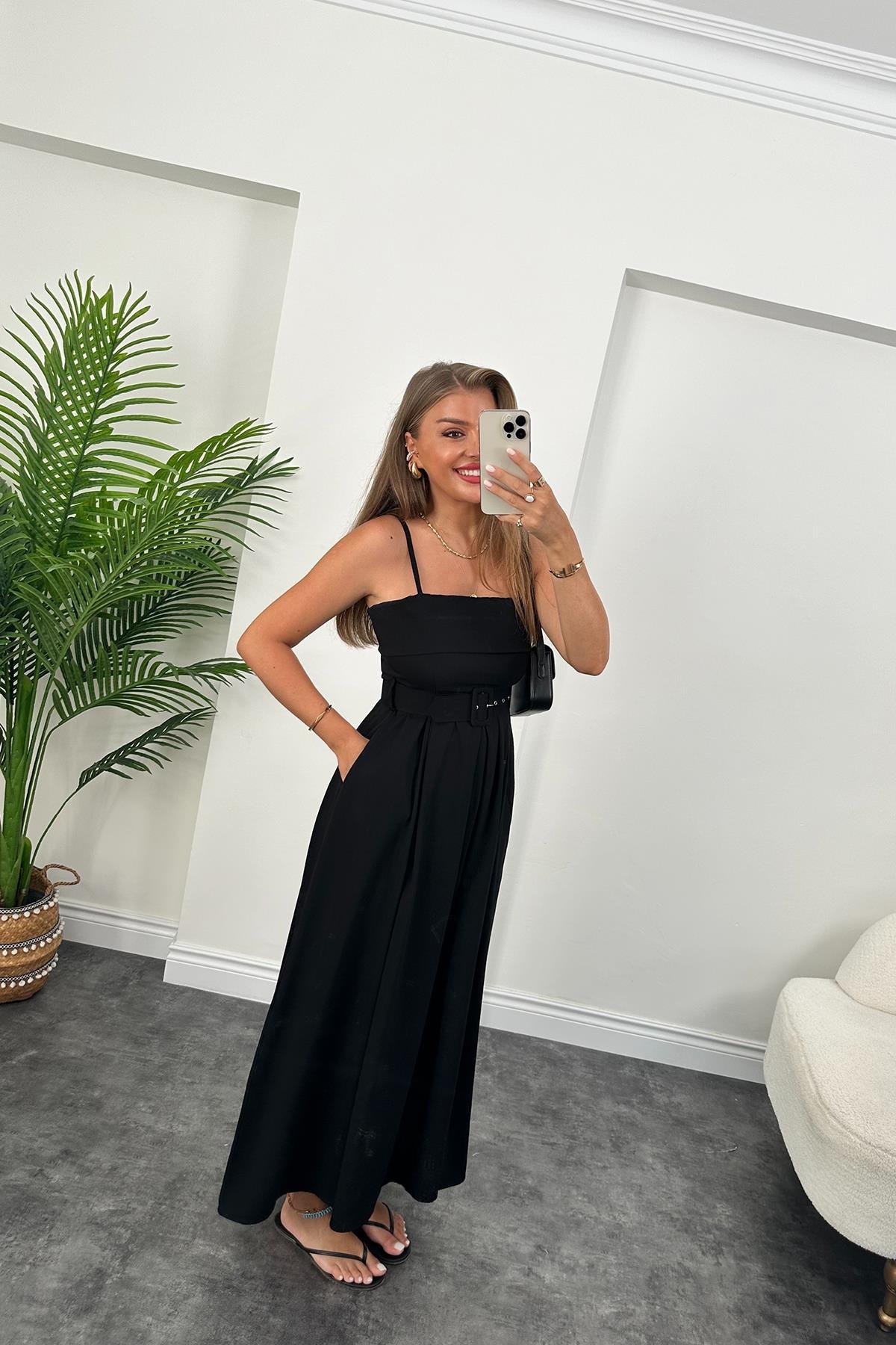 Lüx Kalite Tensel Modal Kumaş Kemerli Maxi Kloş Elbise Siyah