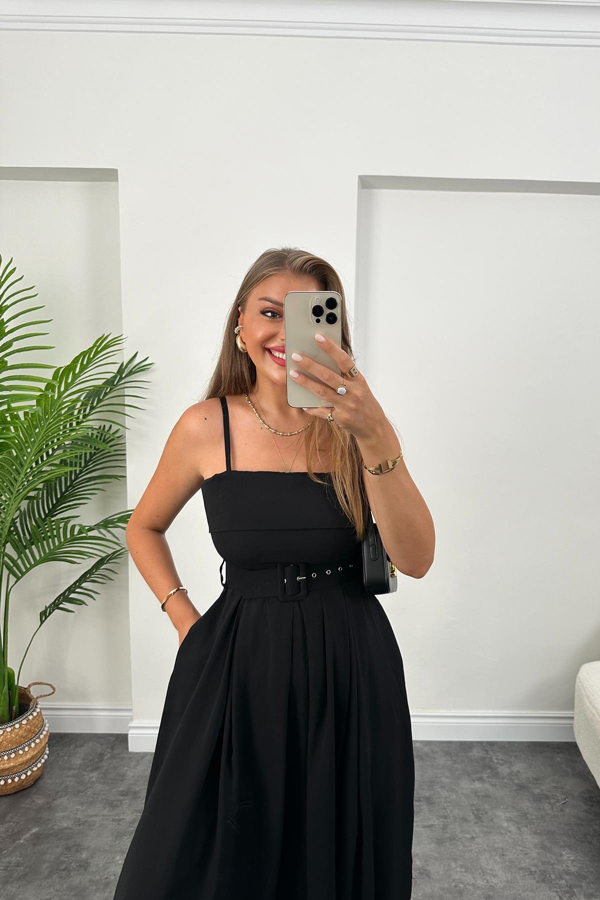 Lüx Kalite Tensel Modal Kumaş Kemerli Maxi Kloş Elbise Siyah